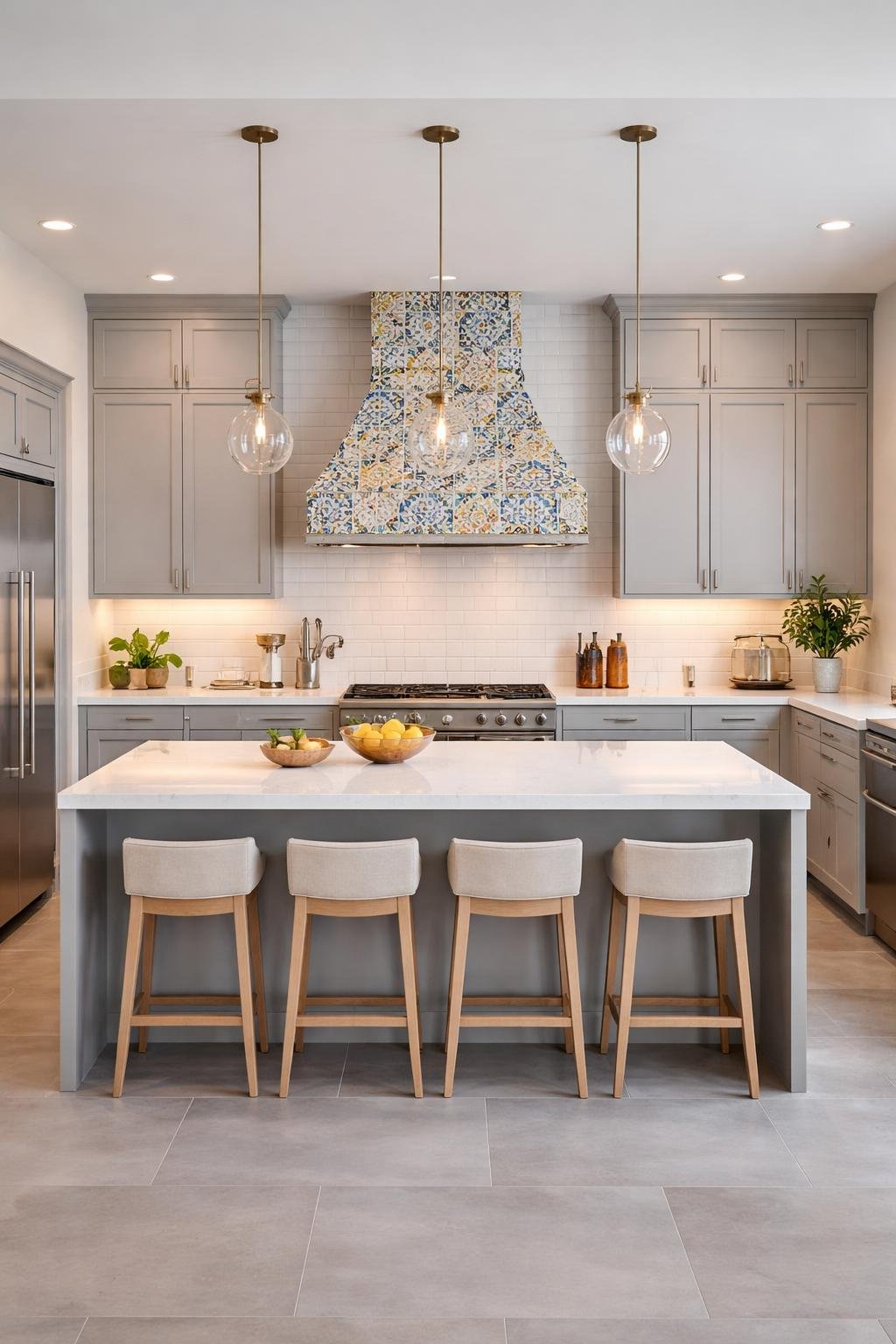 A wide view of a modern kitchen featuring a tile-covered range hood above the stove, with an island, cabinets, and appliances visible in the space.