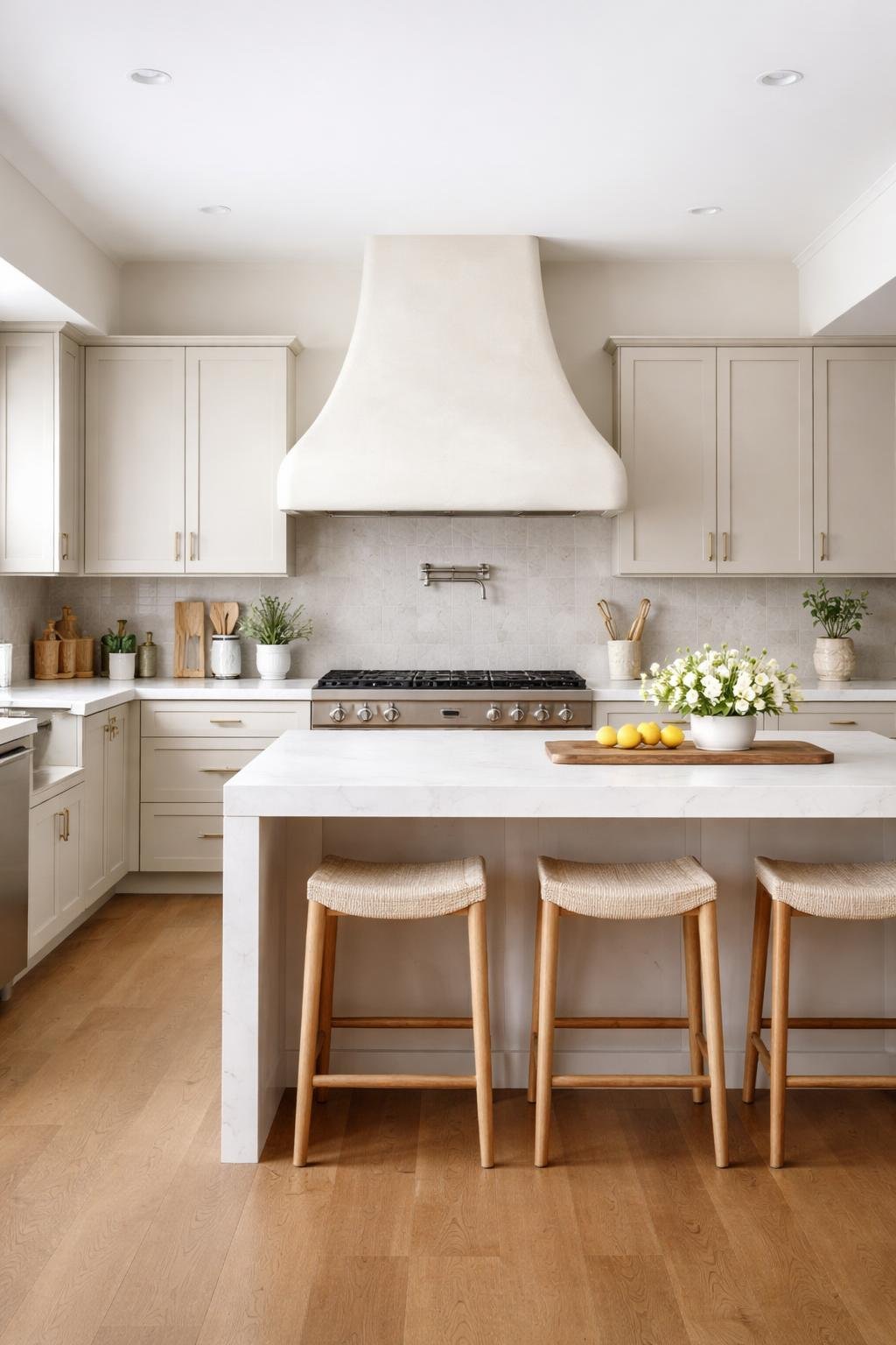 A wide view of a kitchen with a custom plaster range hood above the stove, featuring an island, cabinets, and appliances in a bright and clean space.