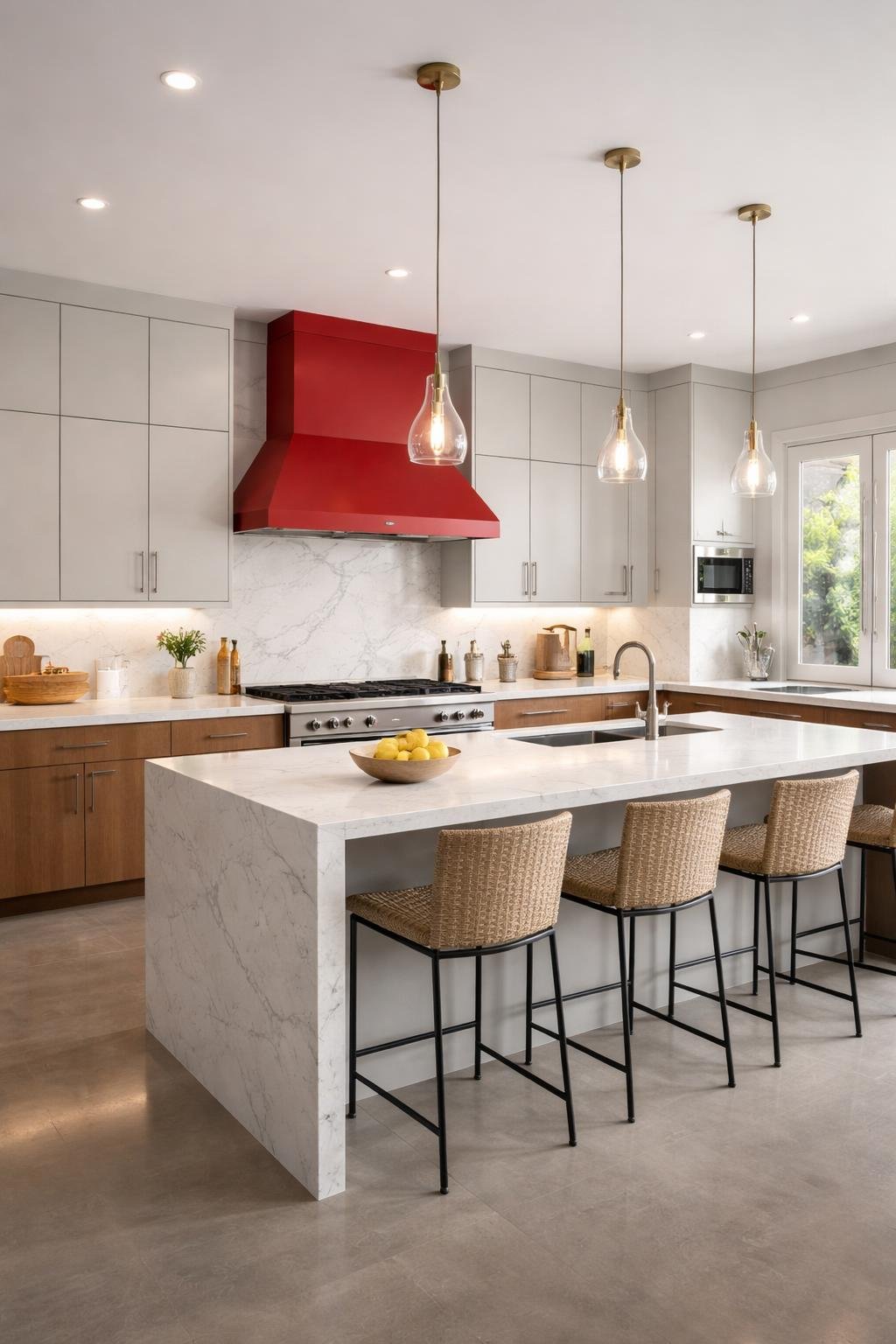 A wide view of a modern kitchen featuring a bold red range hood above the stove, with an island, cabinets, and appliances in the room.