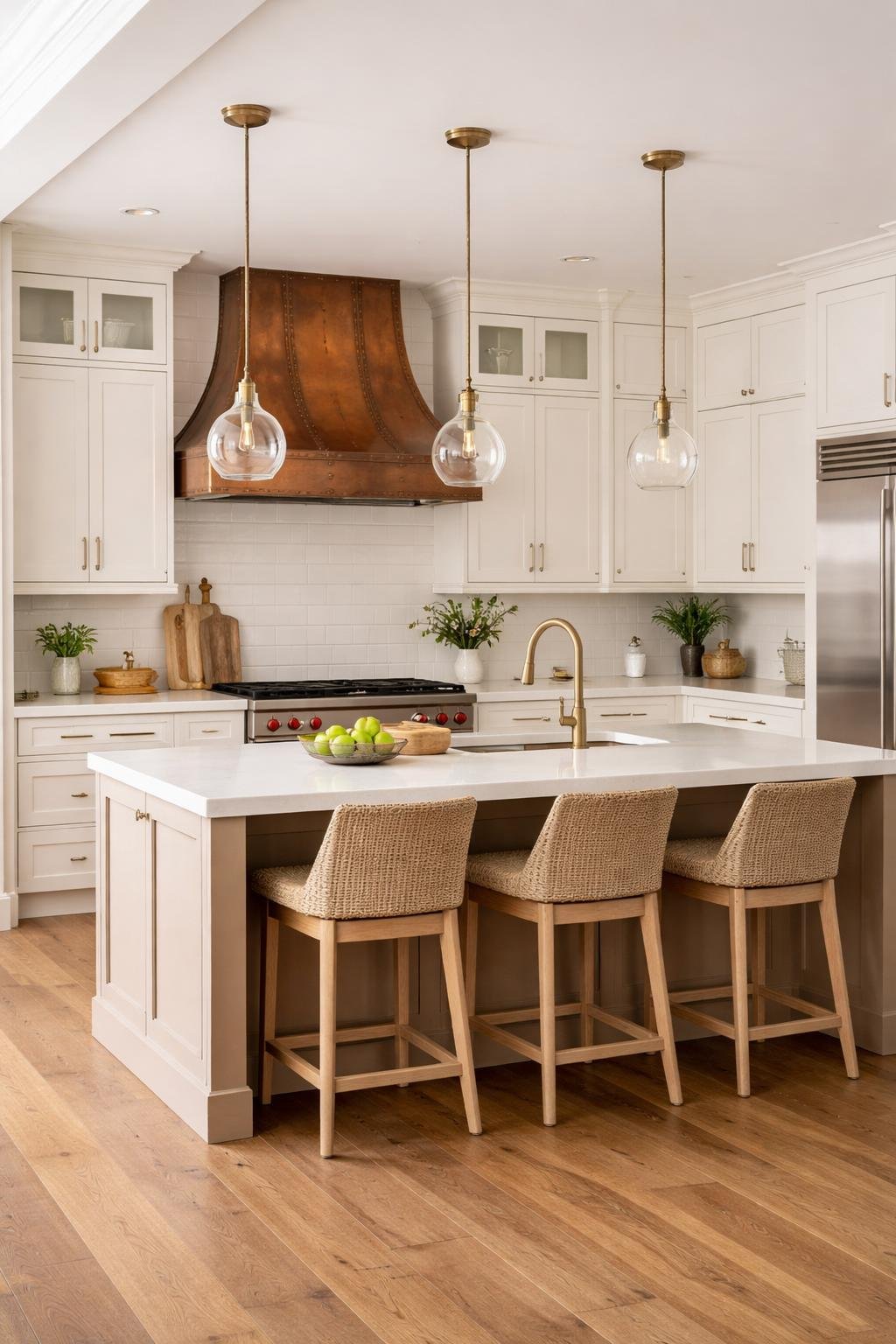 Wide view of a kitchen with a copper range hood above the stove, showing the entire room including cabinets, island, and appliances.