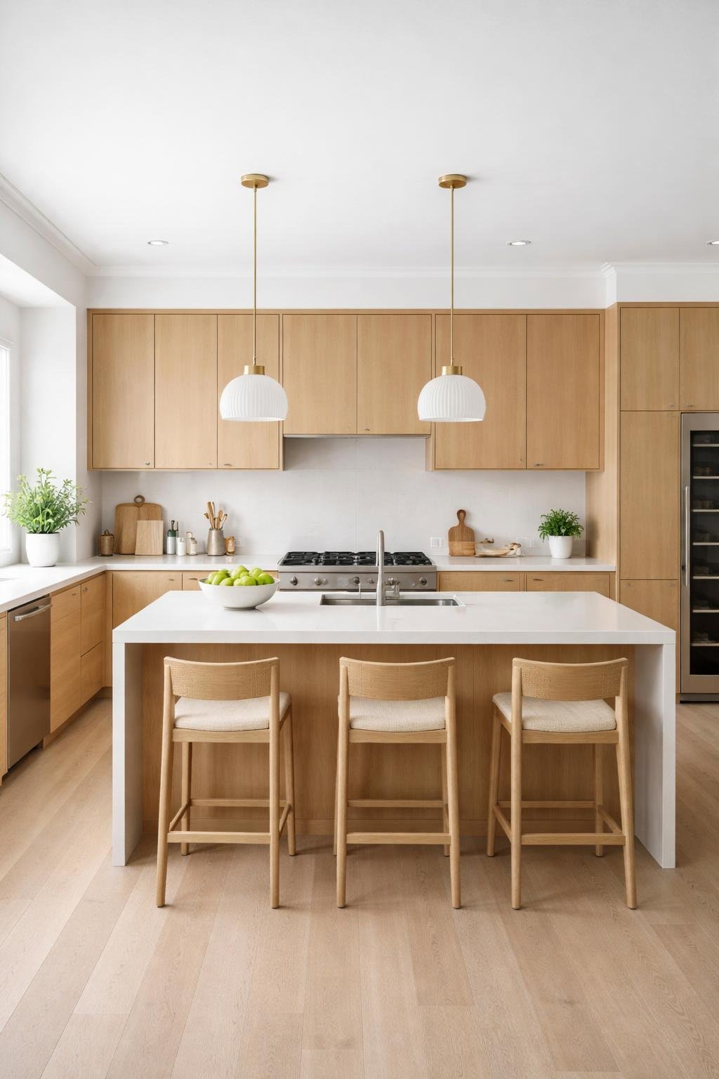 Wide view of a modern kitchen with an integrated cabinet range hood concealed within matching cabinetry above the stove, showing the entire kitchen space including countertops, appliances, and lighting.
