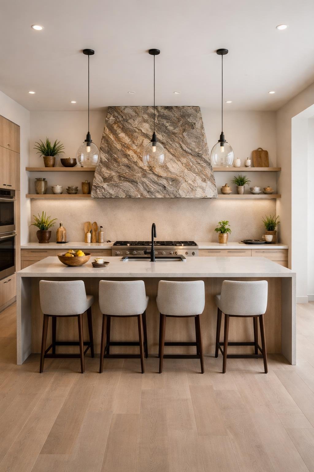 A wide view of a modern kitchen with a large stone slab range hood resembling a boulder above the stove, surrounded by cabinets, countertops, and kitchen appliances.