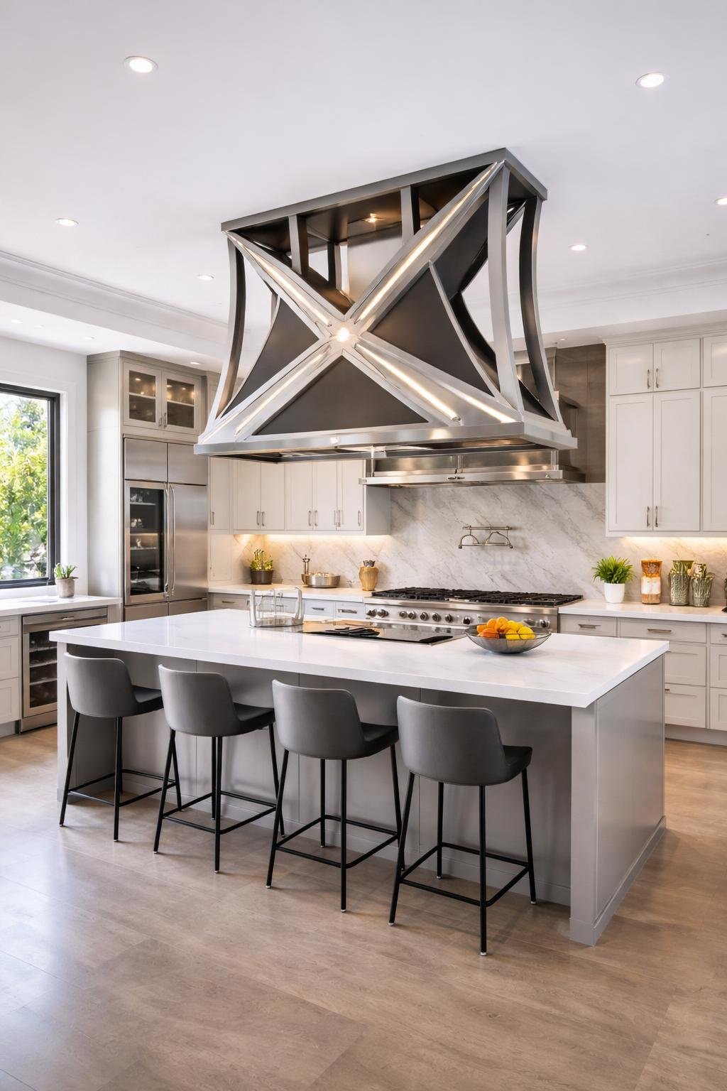 A spacious kitchen with a large open-frame range hood featuring metallic straps above a stove, a central island with stools, and modern appliances in a well-lit room.