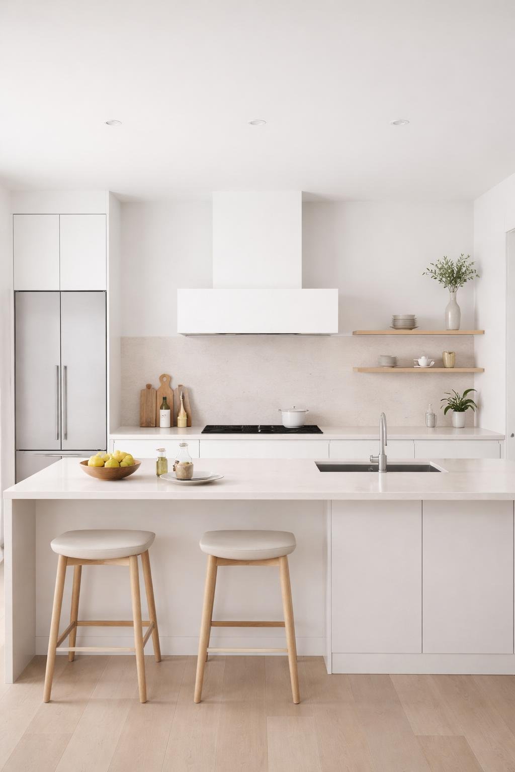 A wide view of a modern kitchen with a white range hood above the stove, showing the entire room with cabinets, countertops, and kitchen appliances.