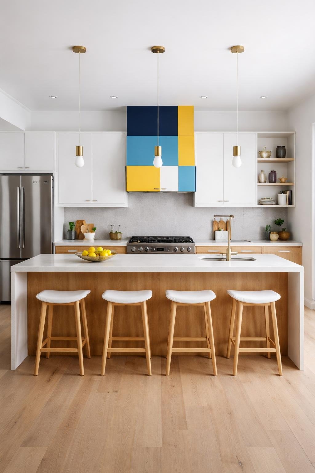A wide view of a kitchen with a colorful range hood, an island with stools, cabinets, and appliances, all arranged in a spacious and well-lit room.