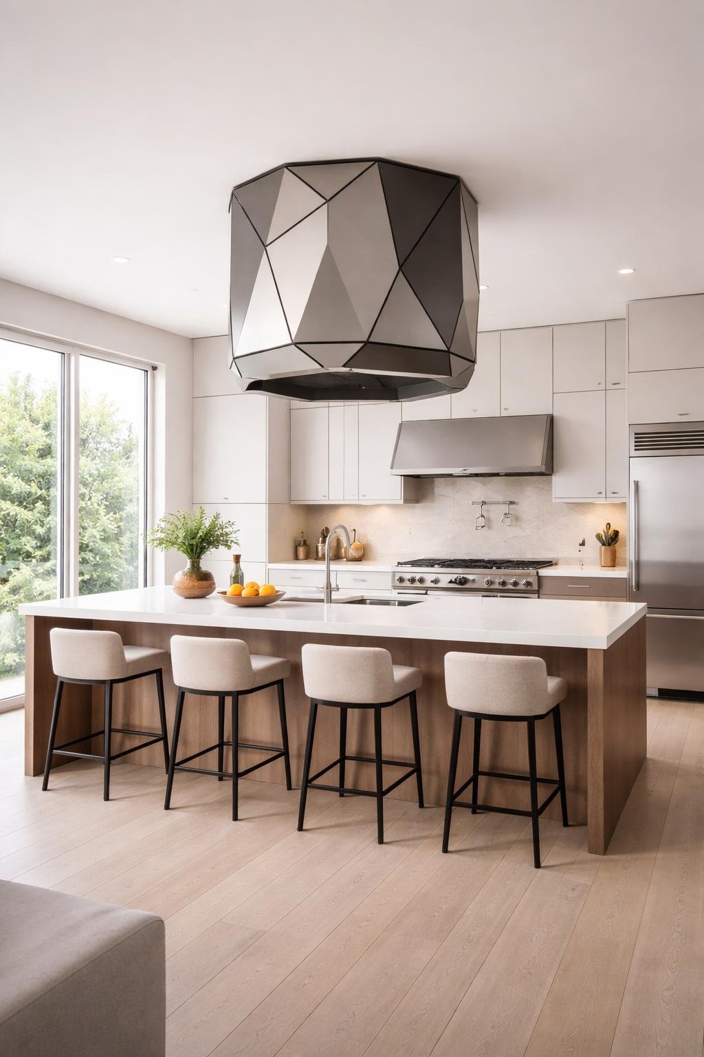 Wide view of a modern kitchen showing an octagonal geometric range hood above the stove, with a central island, cabinets, and appliances in a bright, spacious room.
