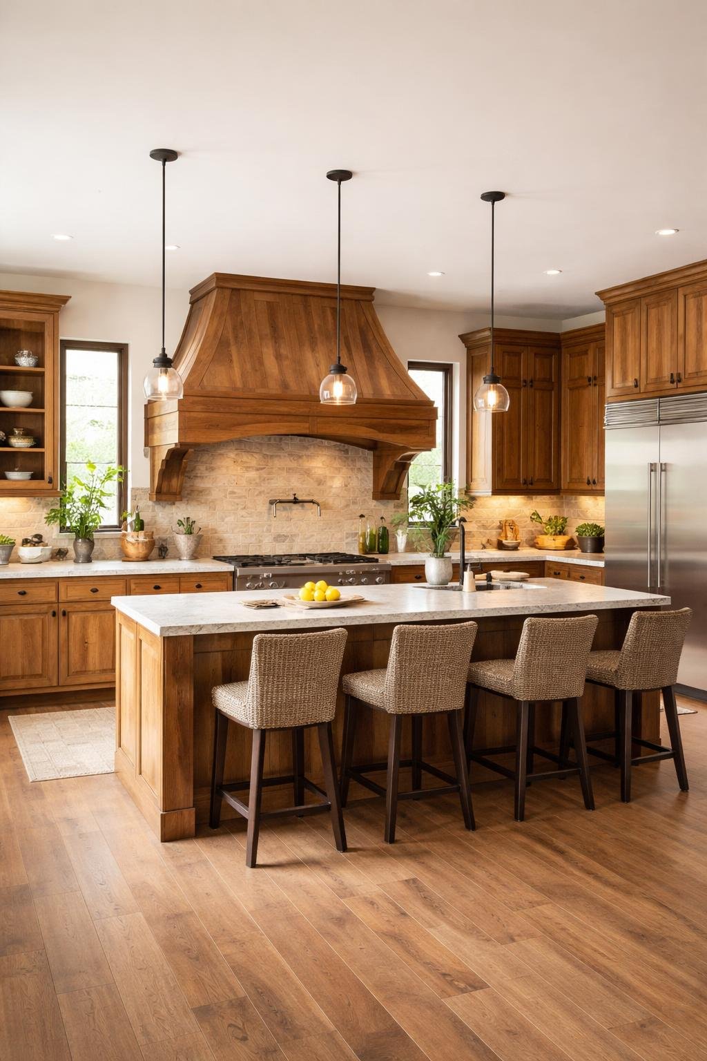 A spacious kitchen with a large wooden range hood above the stove, wooden cabinets, a kitchen island, and natural lighting.