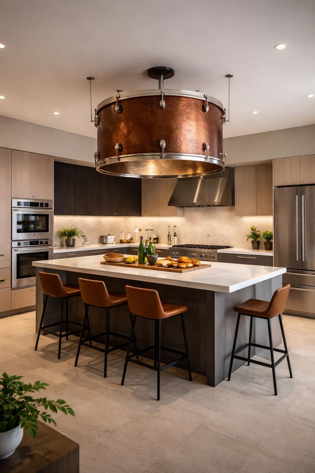 Wide view of a modern kitchen featuring a large copper drum range hood above the cooking island, with cabinets, appliances, and bar stools arranged neatly.