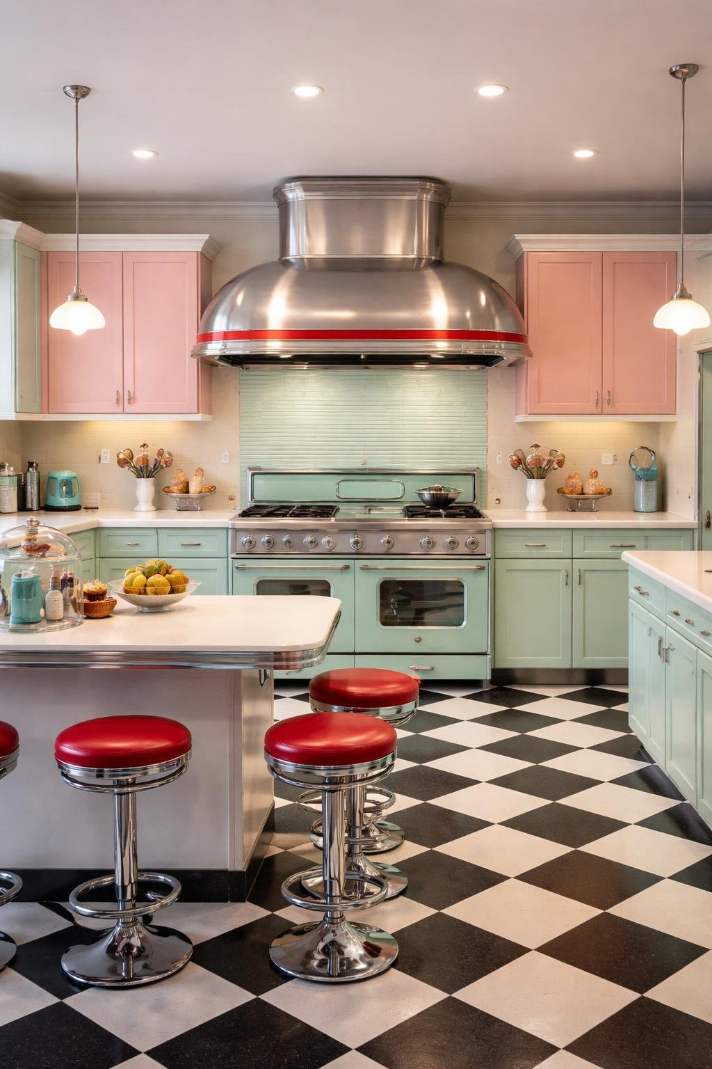A wide view of a kitchen with a large metallic range hood, pastel cabinets, checkerboard floor, and a small breakfast nook with stools.
