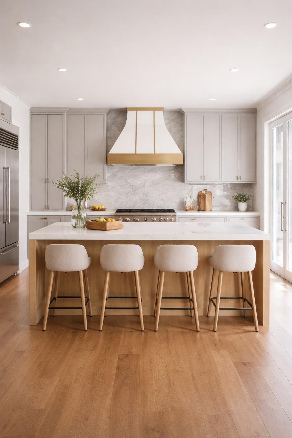 Wide view of a modern kitchen showing a range hood above the stove, an island with bar stools, and large windows letting in natural light.