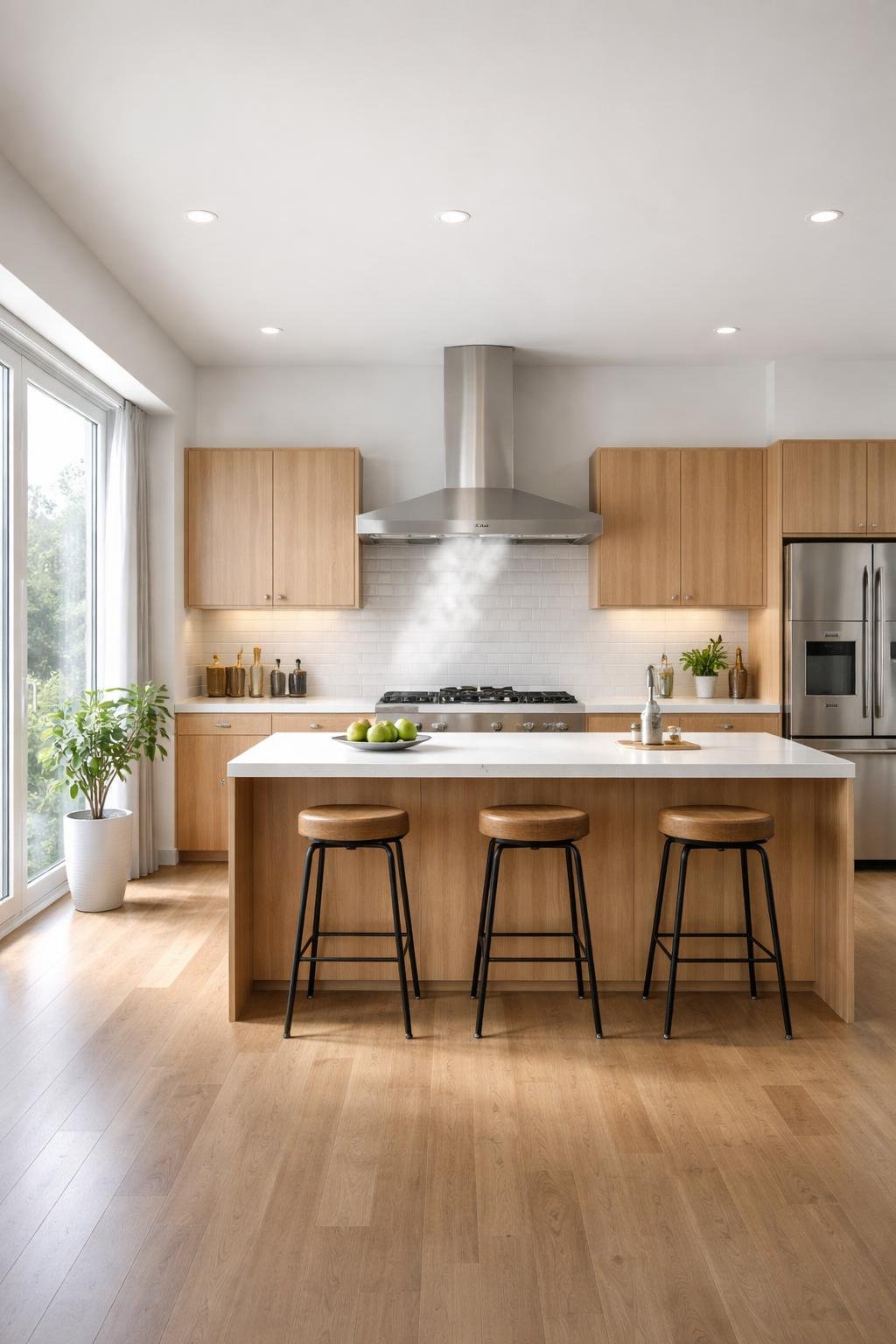 A wide view of a modern kitchen featuring a sleek range hood above the cooktop, a central island, stainless steel appliances, large windows, and an indoor plant.