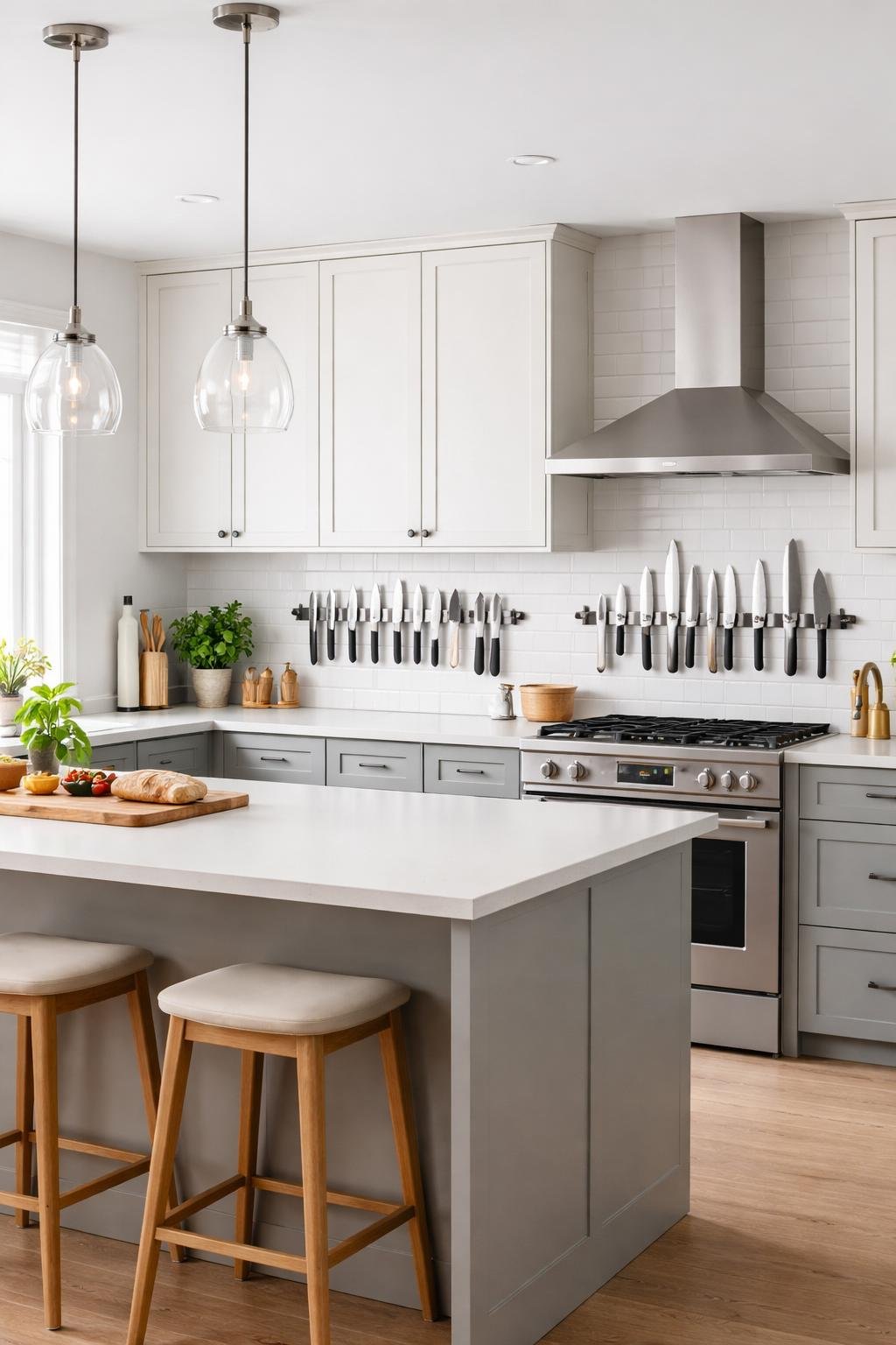A wide view of a modern kitchen with wall-mounted magnetic knife strips holding knives above the countertop, showing a clean and organized cooking space.