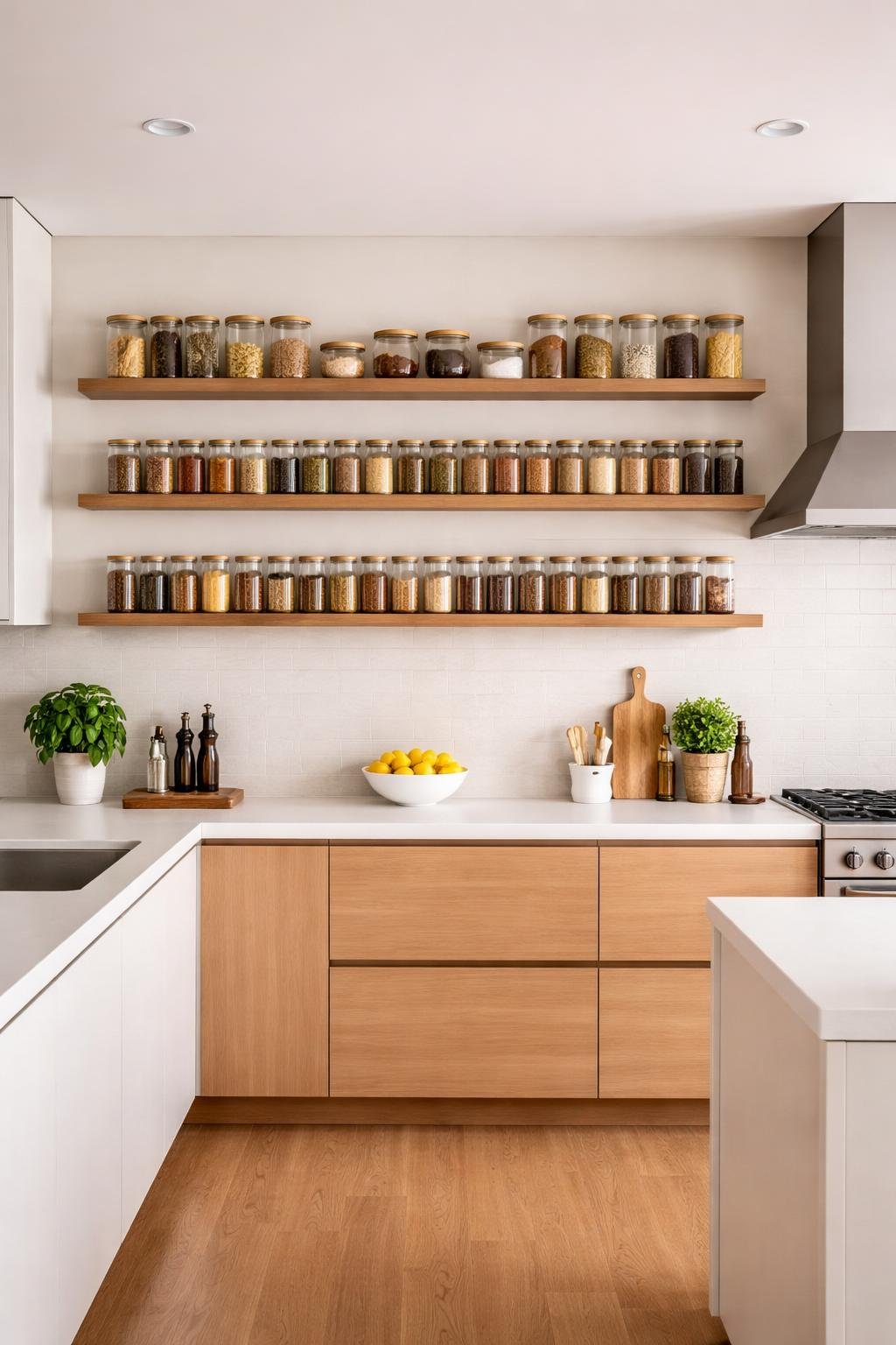 A full view of a kitchen with floating shelves holding spice jars on the wall, showing the entire room including cabinets, countertop, and appliances.