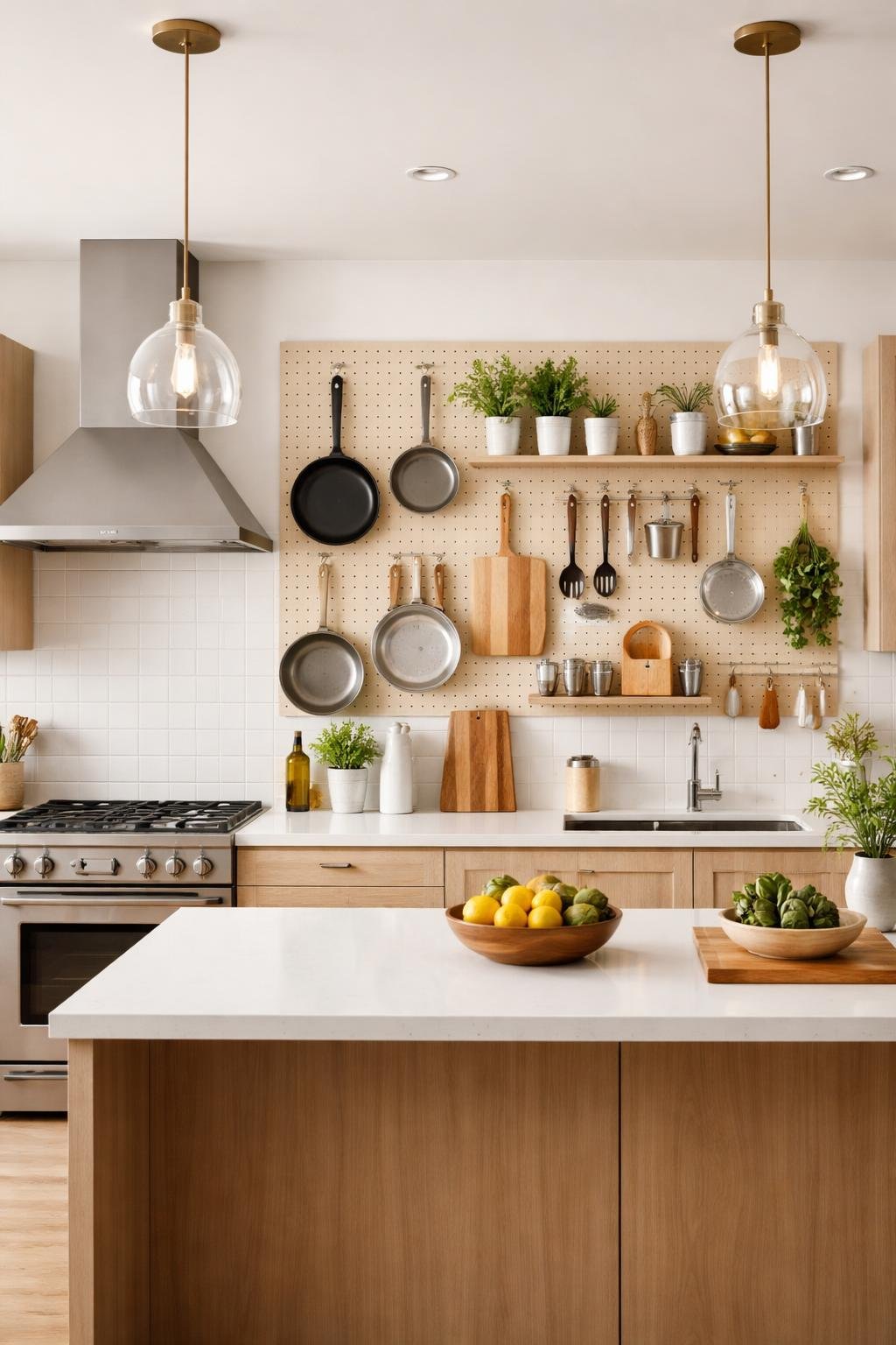 A wide view of a kitchen featuring a wall with pegboards holding pots, pans, and a unique olive oil bottle, along with countertops, cabinets, and kitchen appliances.