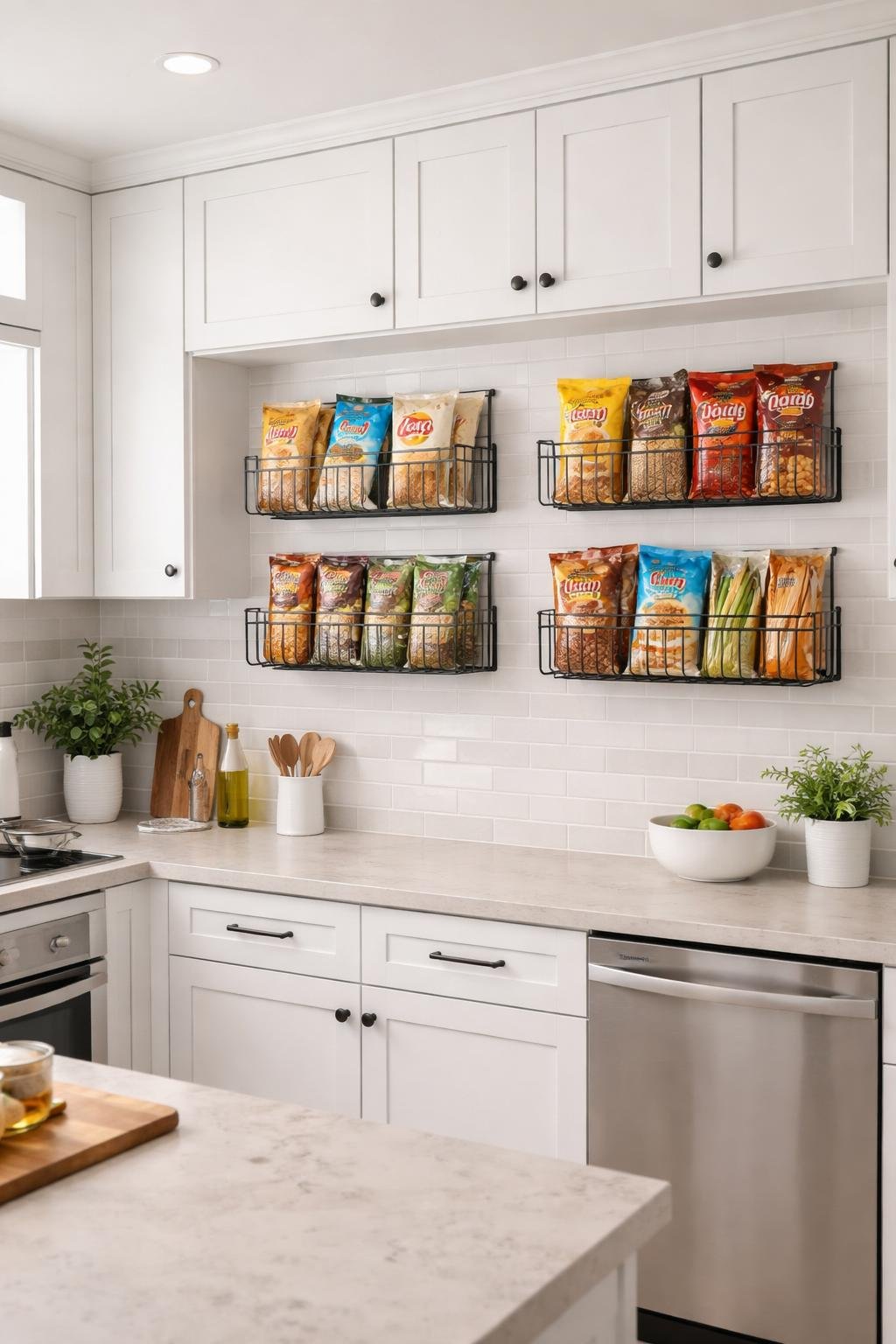 A wide view of a kitchen with wire racks on the wall holding a few snack bags, showing an organized and tidy space with countertops, cabinets, and kitchen appliances.