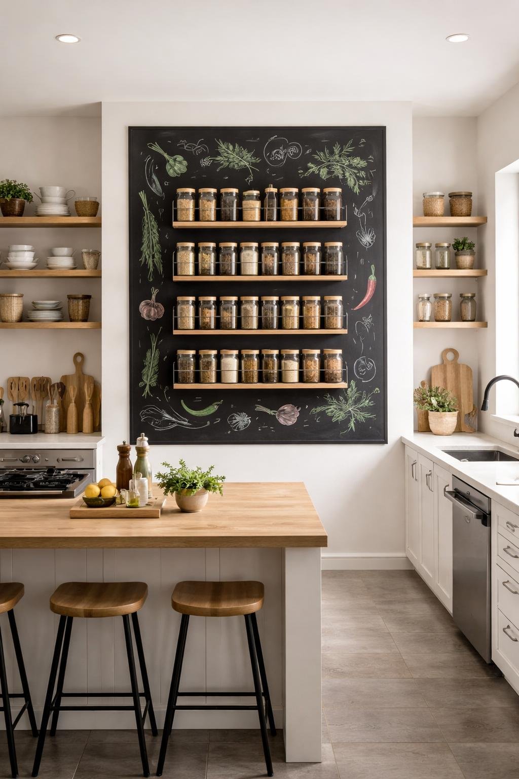 A full view of a modern kitchen with a chalkboard spice rack on the wall, showing spice jars and artistic chalk drawings, along with countertops, stove, sink, and open shelves.