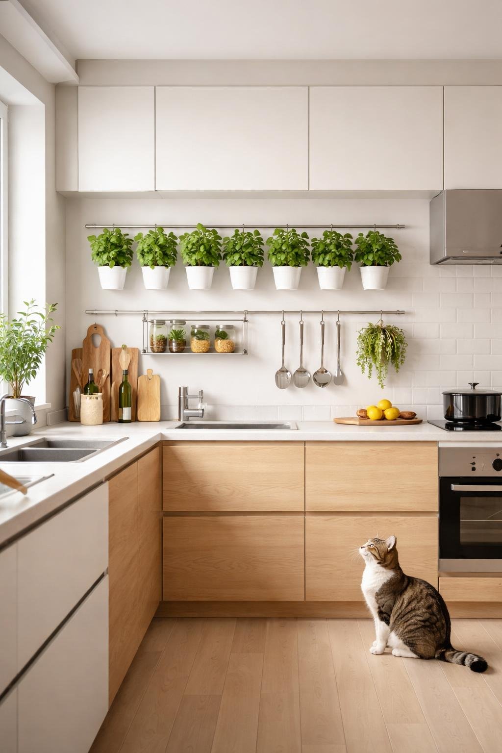 A wide view of a modern kitchen with a hanging herb garden of small basil pots on the wall and a cat nearby.