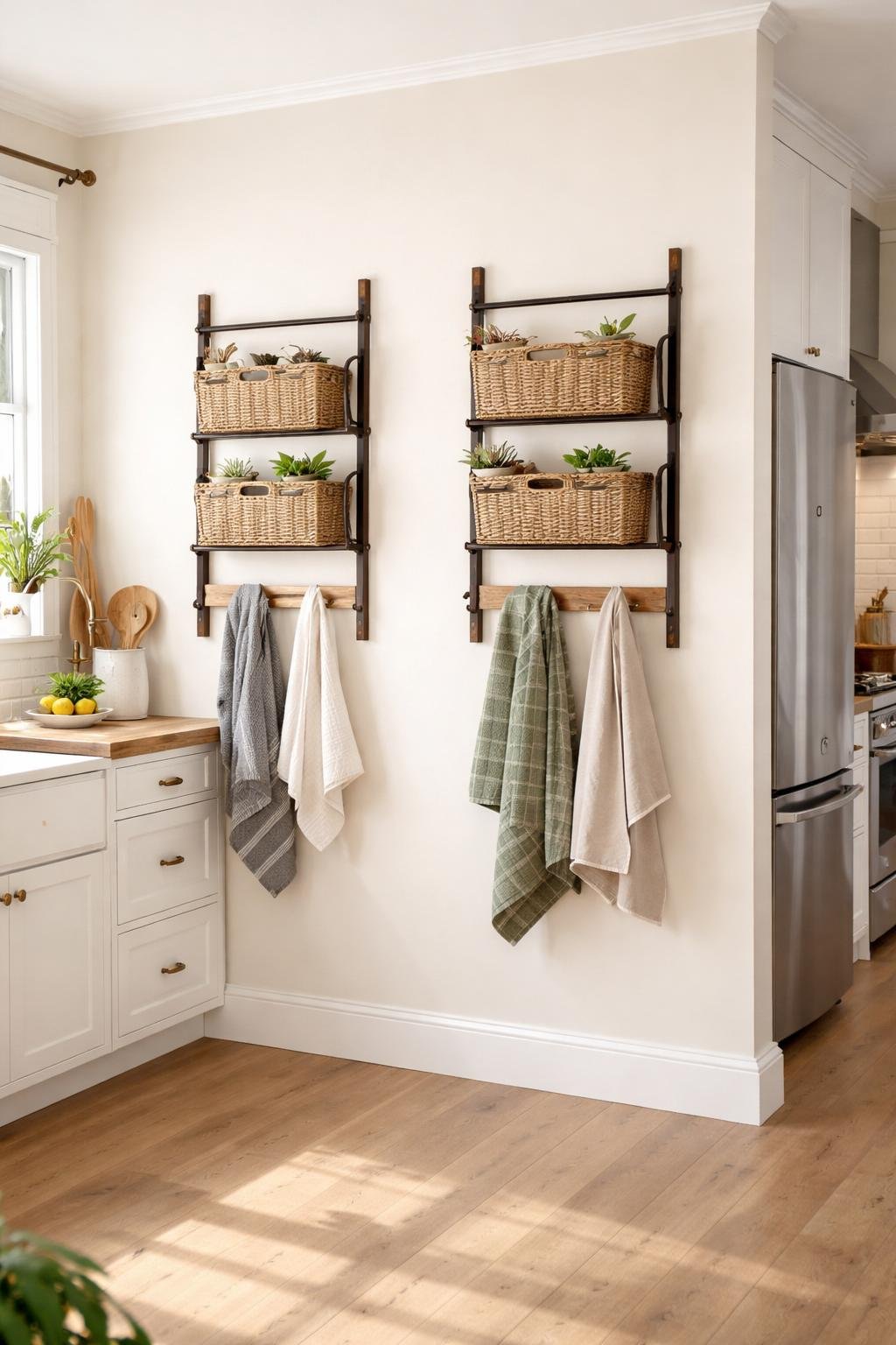 A full view of a kitchen with ladder-style racks on the wall holding dish towels and baskets, showing the entire kitchen area with cabinets, countertop, and appliances.