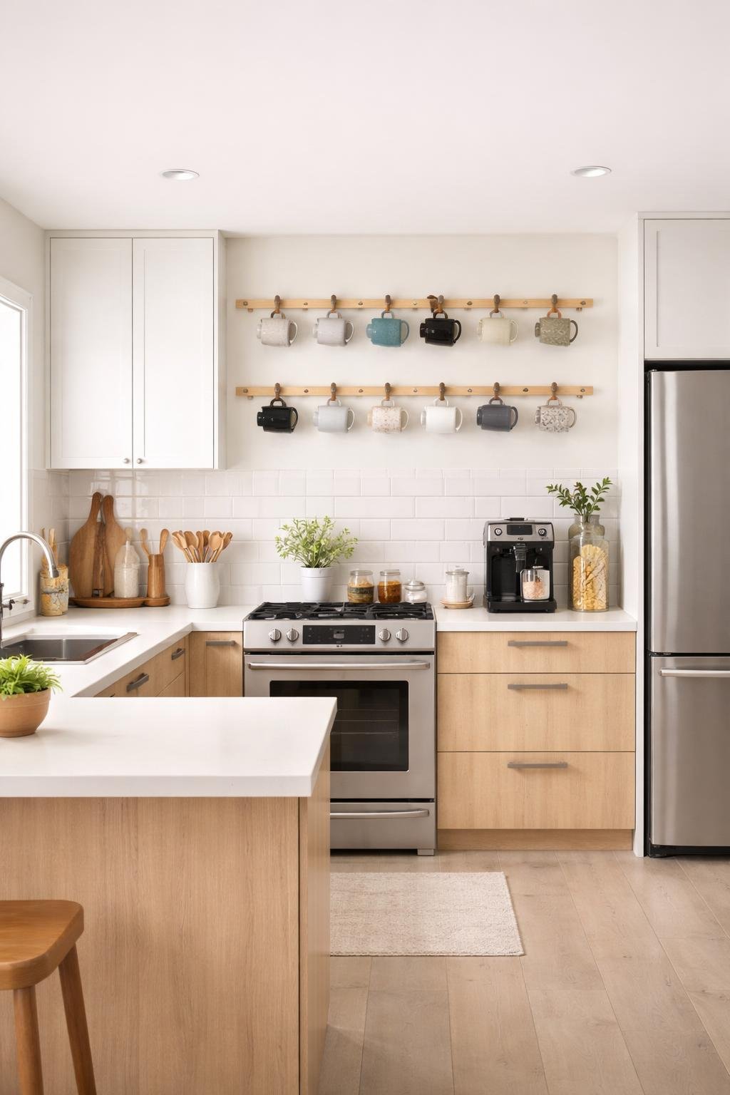 Wide view of a modern kitchen with hooks on the wall holding multiple coffee mugs and organized kitchen storage.