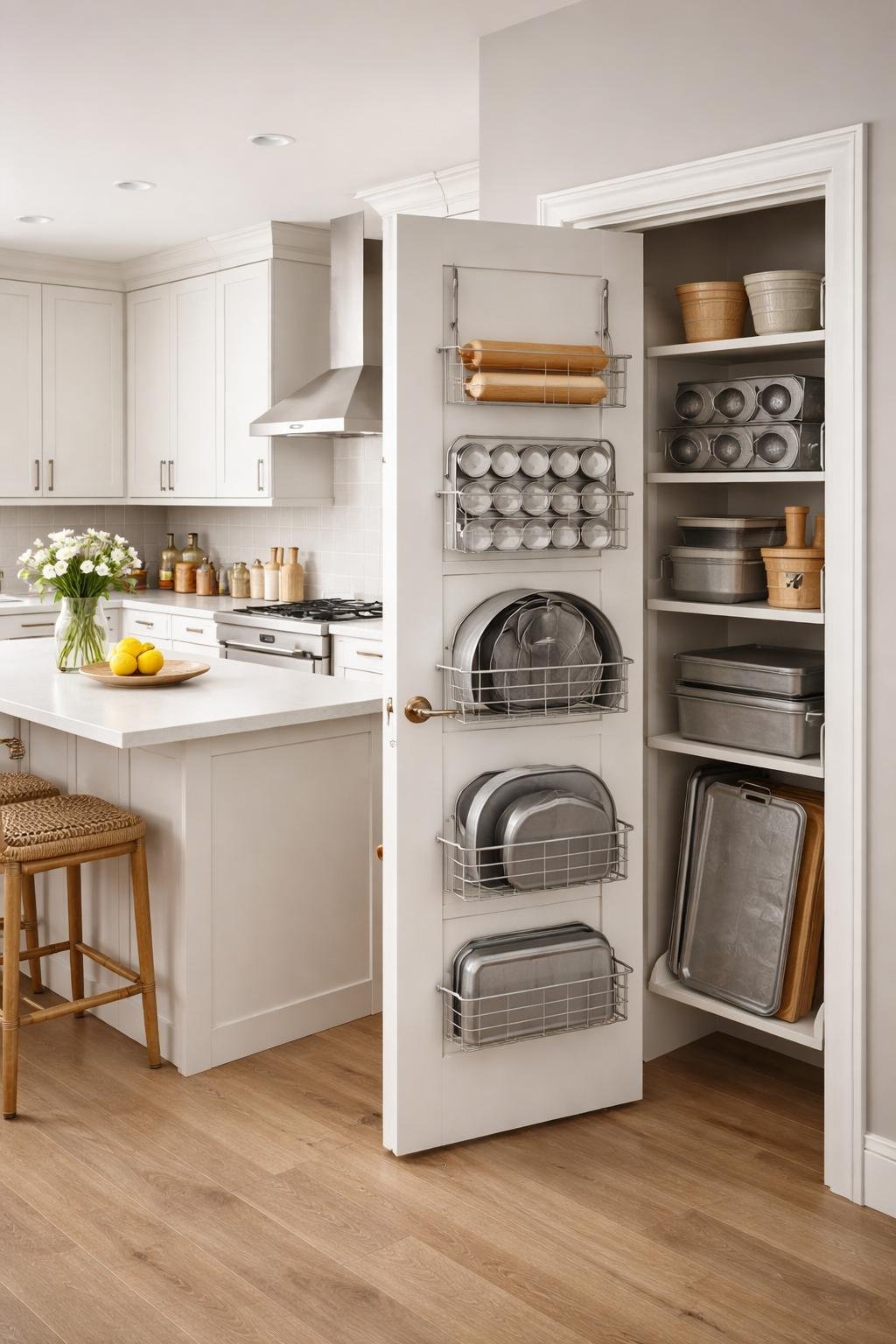 Wide view of a kitchen showing over-the-door racks storing odd-shaped baking gear on a cabinet door, with clean countertops and organized storage throughout the space.