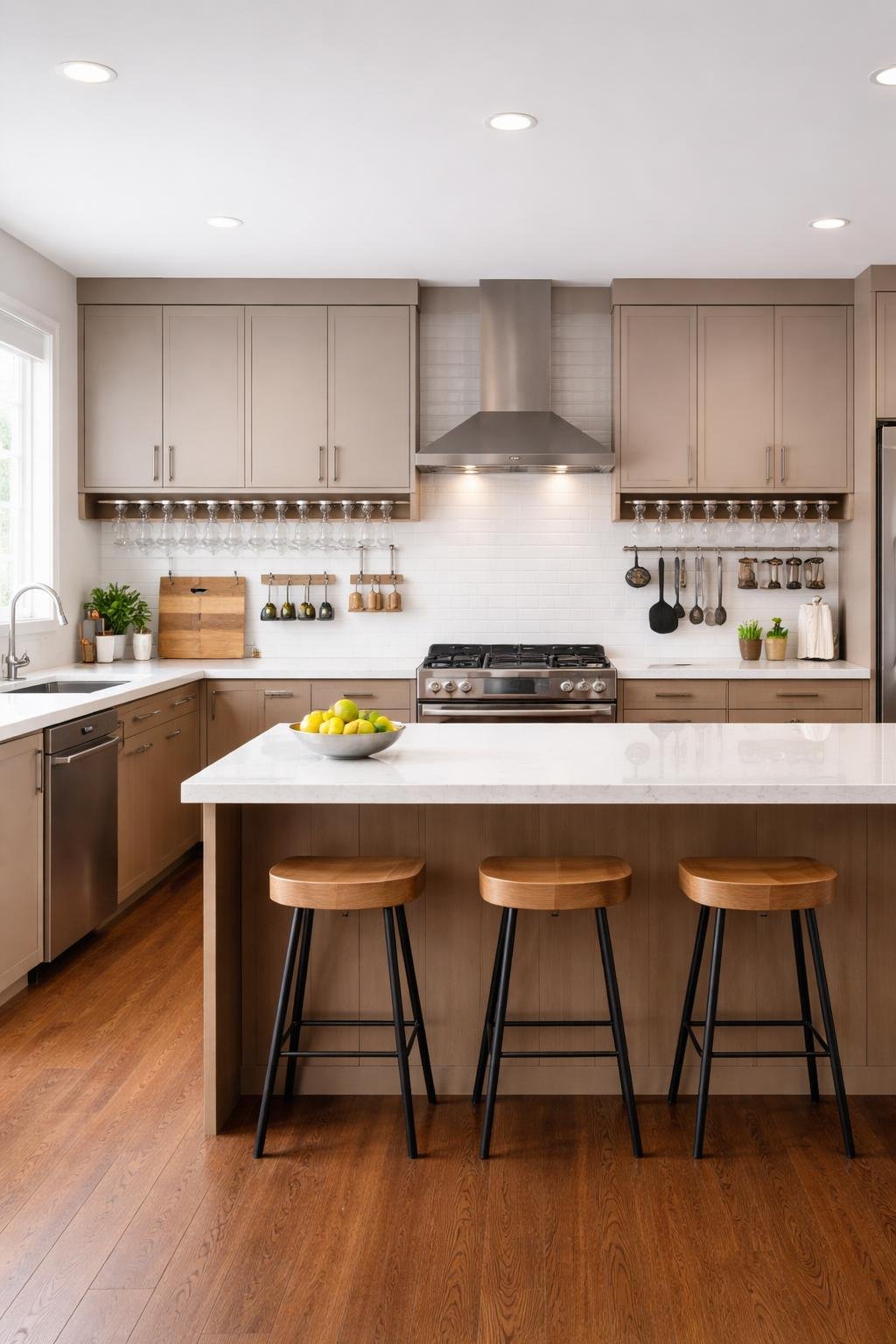 A wide view of a modern kitchen featuring under-cabinet wine glass holders, wall storage racks, countertops, cabinets, appliances, and a large window letting in natural light.
