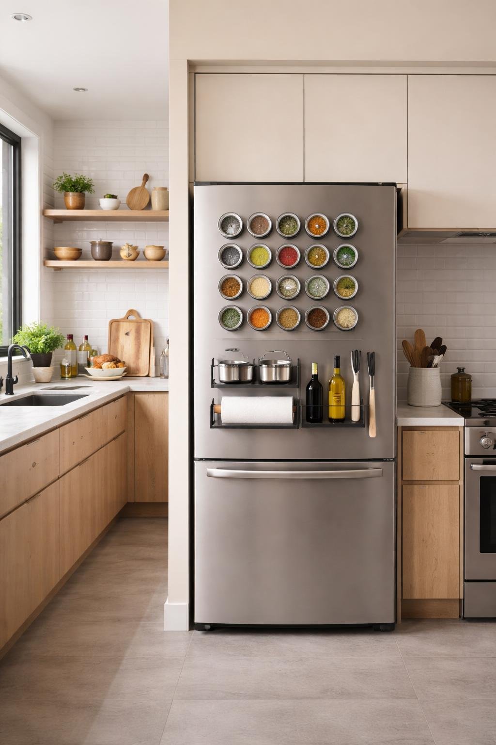 A modern kitchen with a refrigerator covered in magnetic spice jars, surrounded by cabinets and a countertop in a clean and organized space.