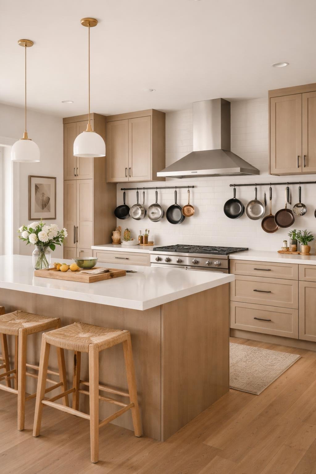 A wide view of a modern kitchen with wall-mounted pot racks holding pans, showing the entire kitchen including cabinets, countertops, appliances, and a kitchen island.