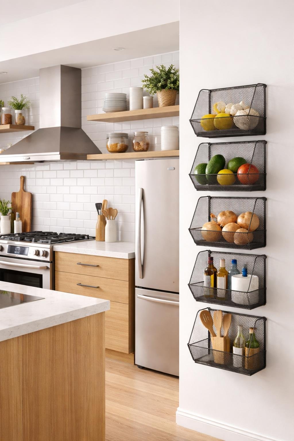 A wide view of a modern kitchen with stacked mesh baskets on the wall holding fruits and utensils, showing organized kitchen wall storage.