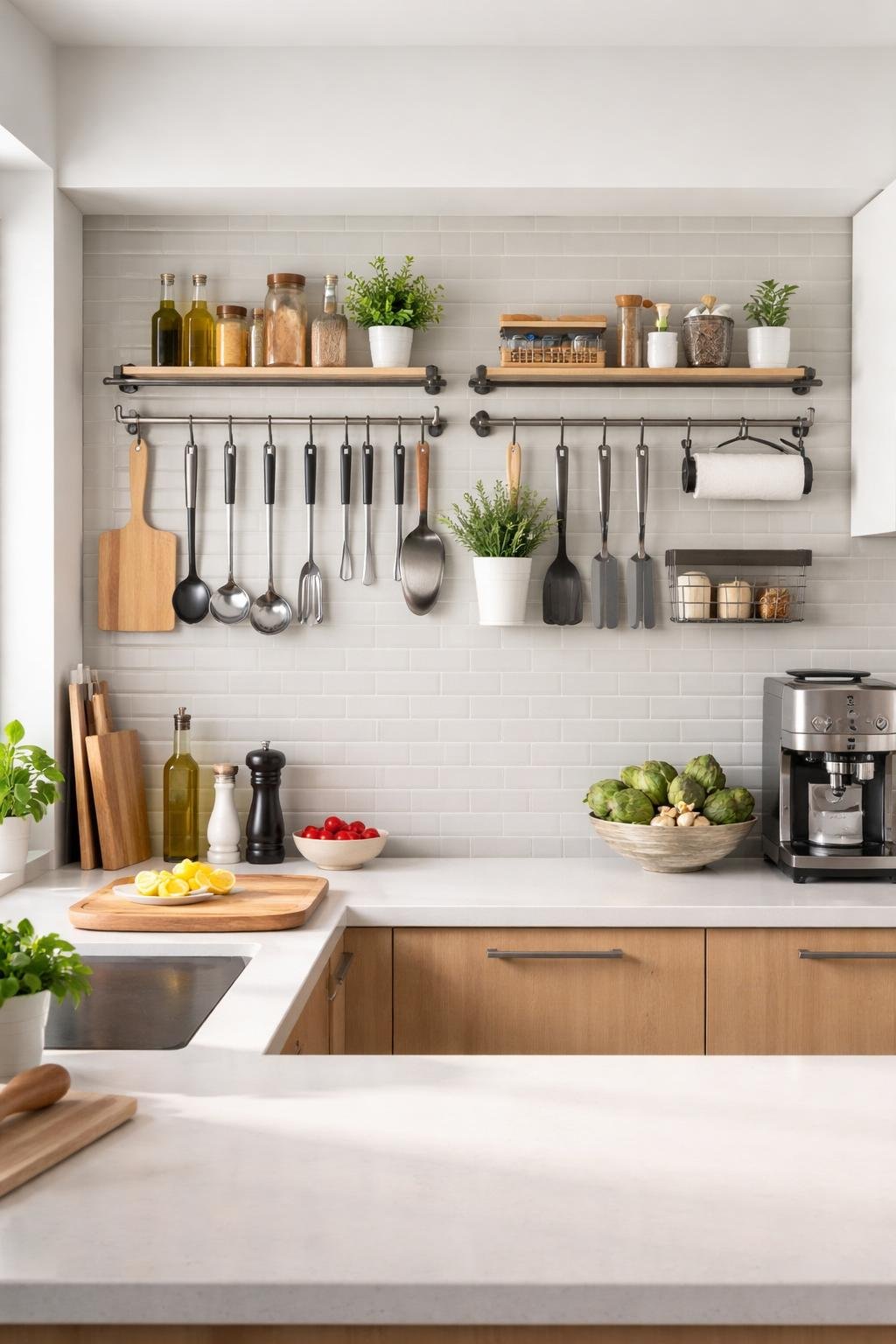 A modern kitchen with a wall-mounted rail system holding hooks and containers for utensils, showing the entire room with clean countertops and cabinetry.