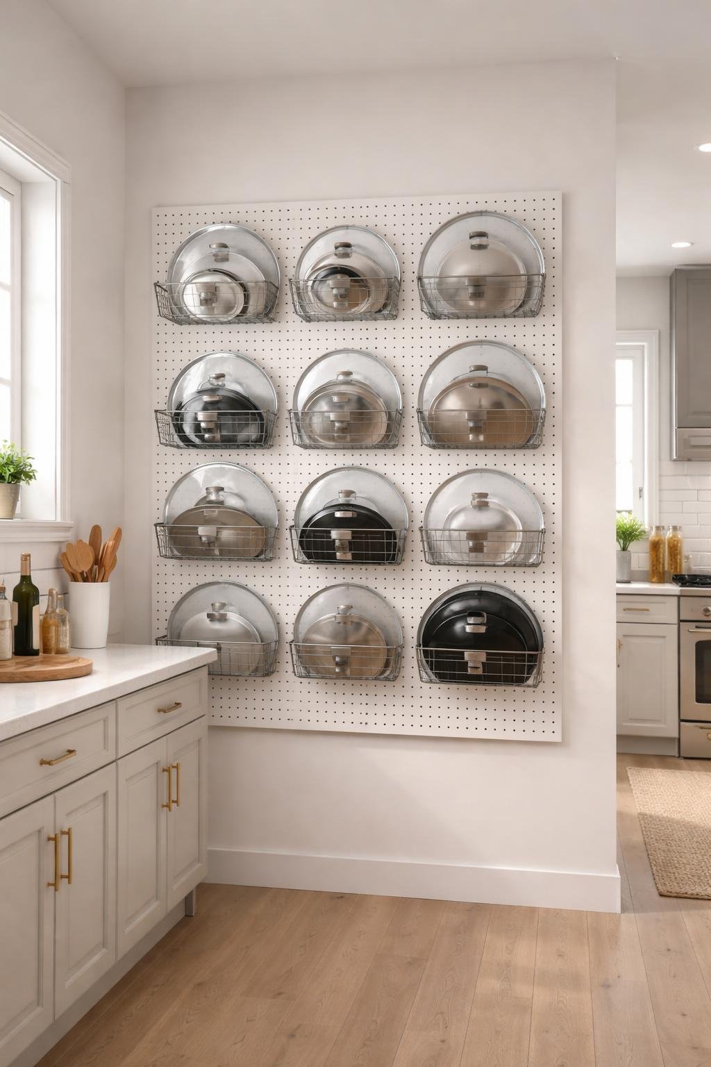 A full view of a modern kitchen with a pegboard wall storage system holding bins for organizing lids, showing an organized and tidy kitchen space.