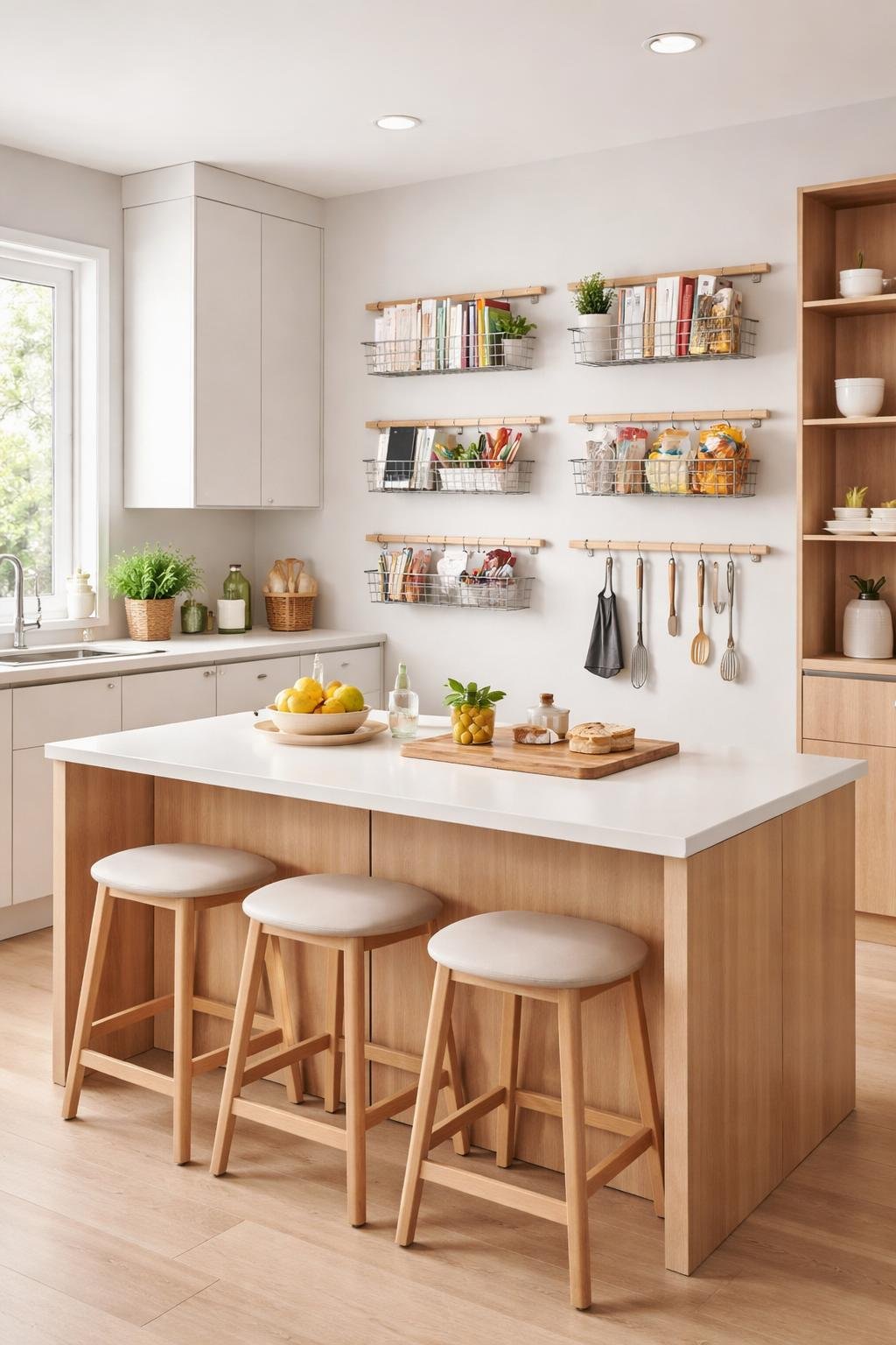 A wide view of a modern kitchen featuring clip-on baskets on the walls holding recipes, phones, and snacks, with organized countertops and cabinetry.