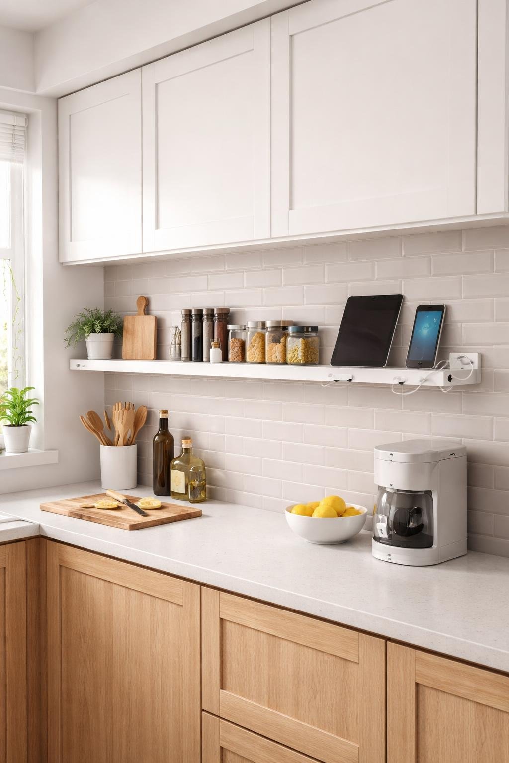 A wide view of a modern kitchen with a wall shelf that includes a charging station holding phones and tablets, surrounded by kitchen items and appliances.