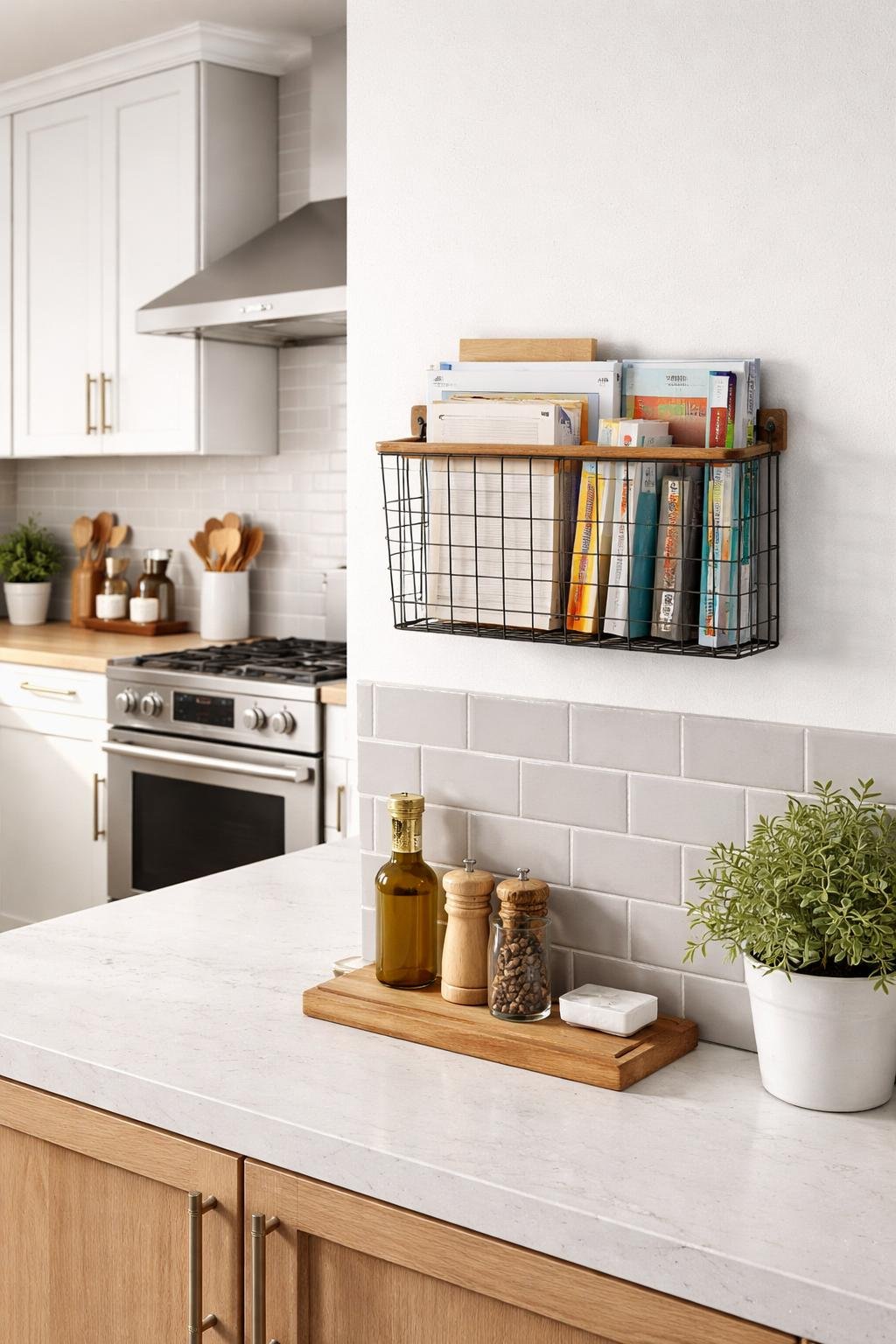 A modern kitchen with a wire basket mounted on the wall holding mail, coupons, and books, with clean countertops and organized storage.
