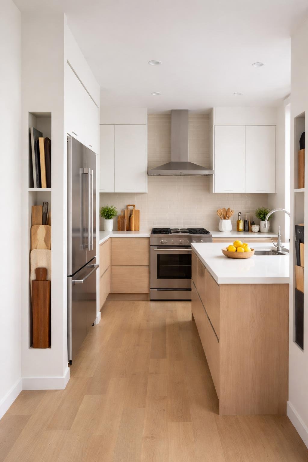 Wide view of a kitchen with slim vertical shelves in wall nooks storing cutting boards and trays, showing the entire organized and clean kitchen space.