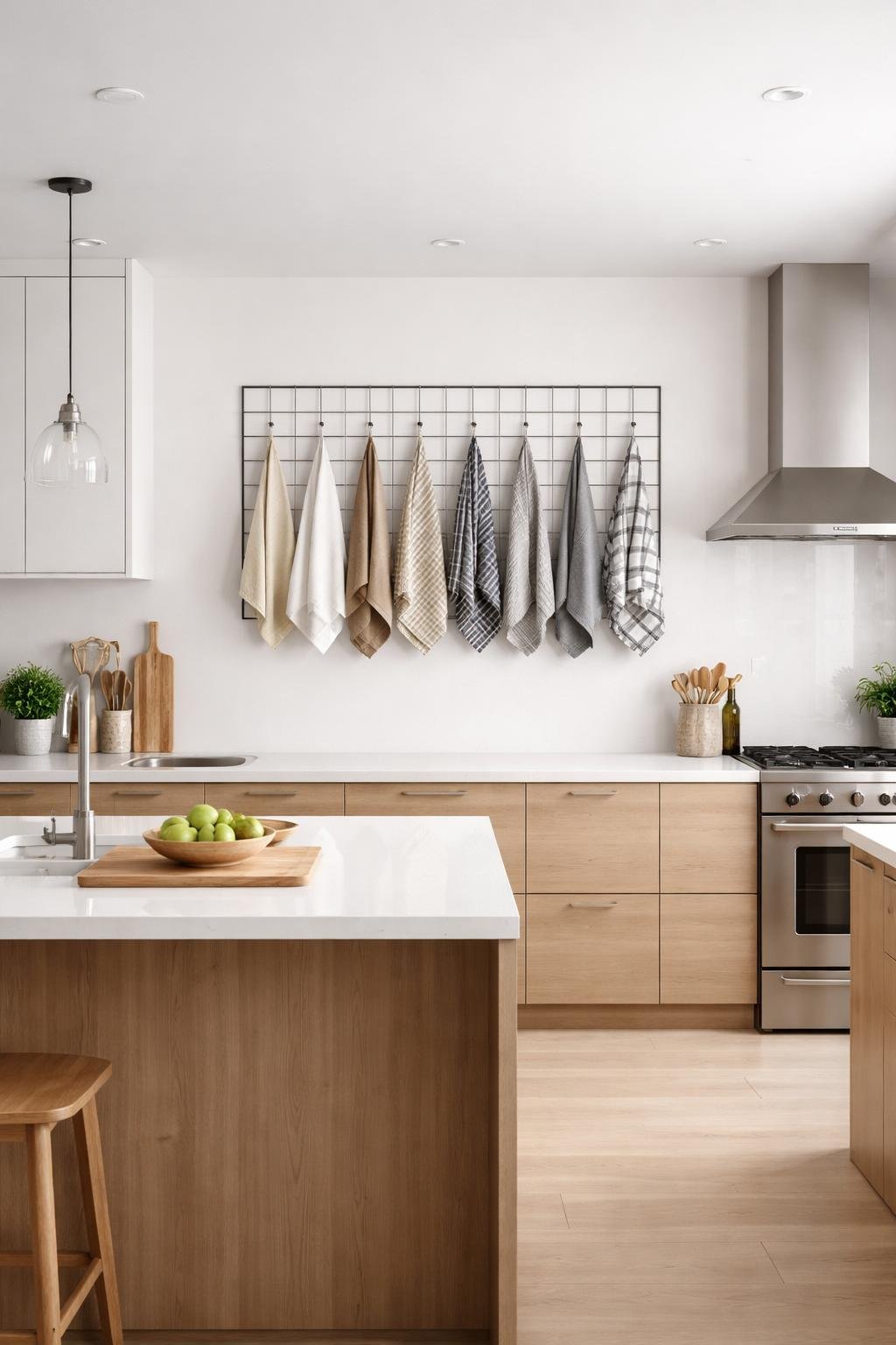 A wide view of a kitchen showing a metal grid on the wall with S-hooks holding kitchen towels, along with countertops, cabinets, and appliances.