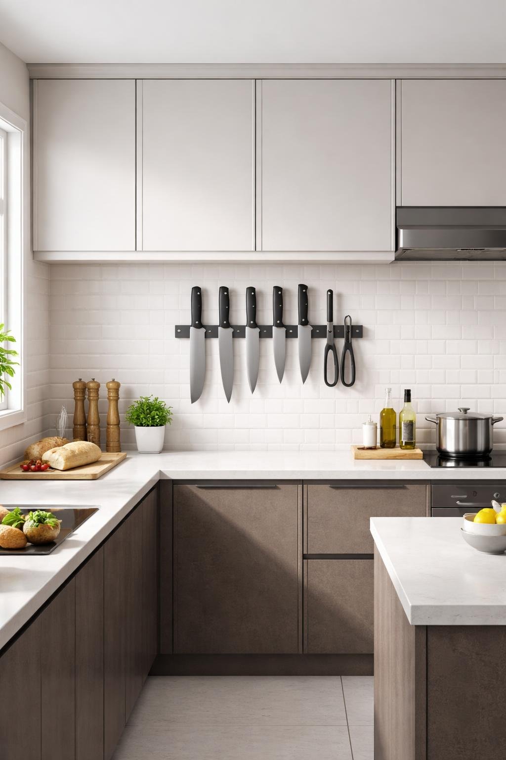 A modern kitchen with a wall-mounted knife block on the backsplash, showing an organized and spacious cooking area.