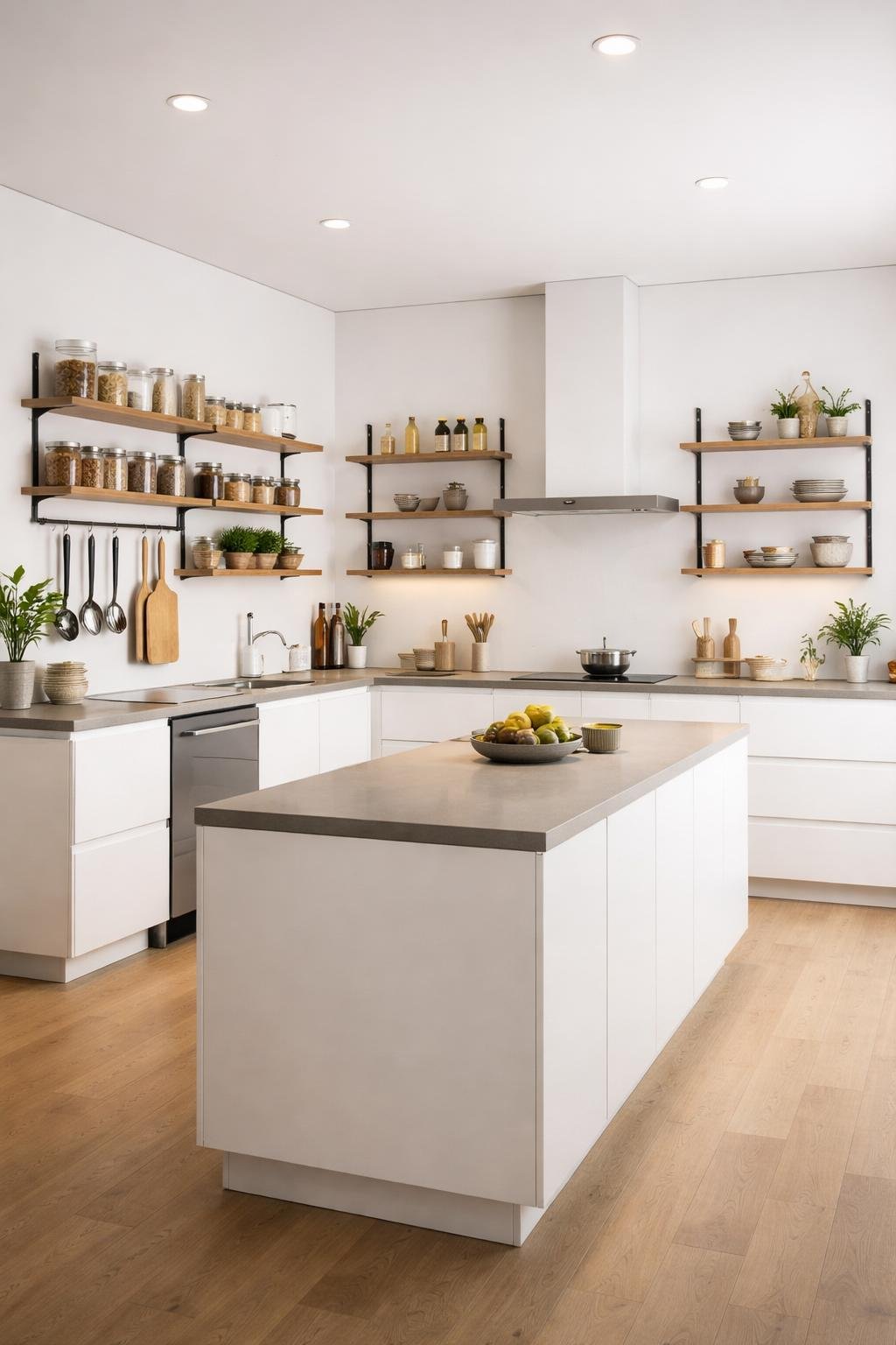 A wide view of a modern kitchen with wall-mounted shelves and cabinets displaying kitchen items, bright and neatly organized.