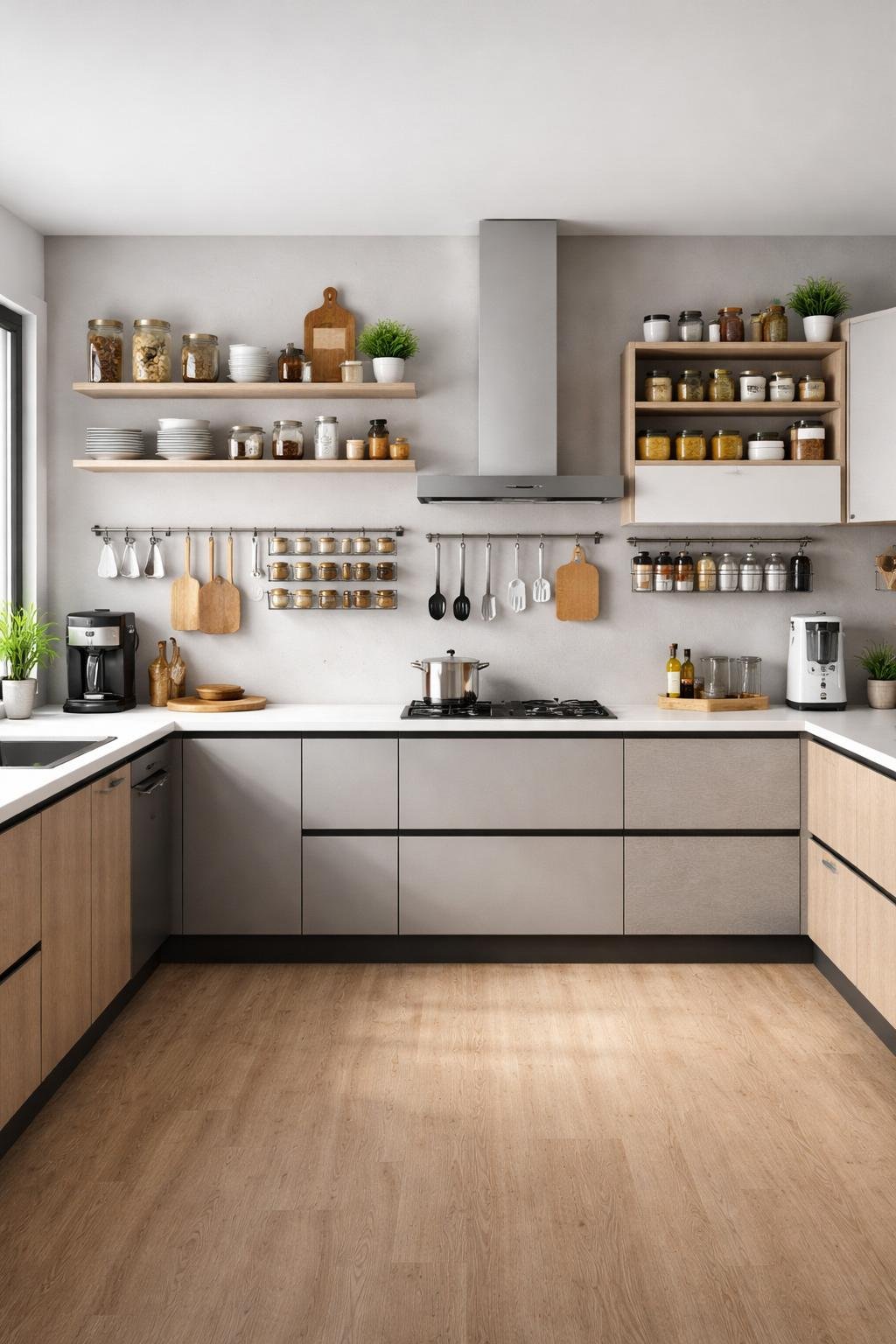 A wide view of a modern kitchen with organized wall shelves and cabinets, featuring neatly arranged kitchen items and clear countertops.
