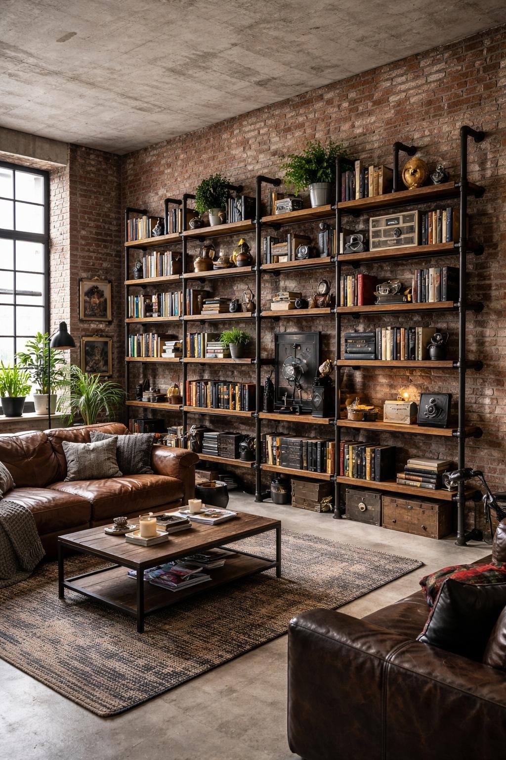 A wide view of an apartment room with industrial pipe shelves holding various items, a leather sofa, a coffee table, exposed brick walls, and large windows letting in natural light.