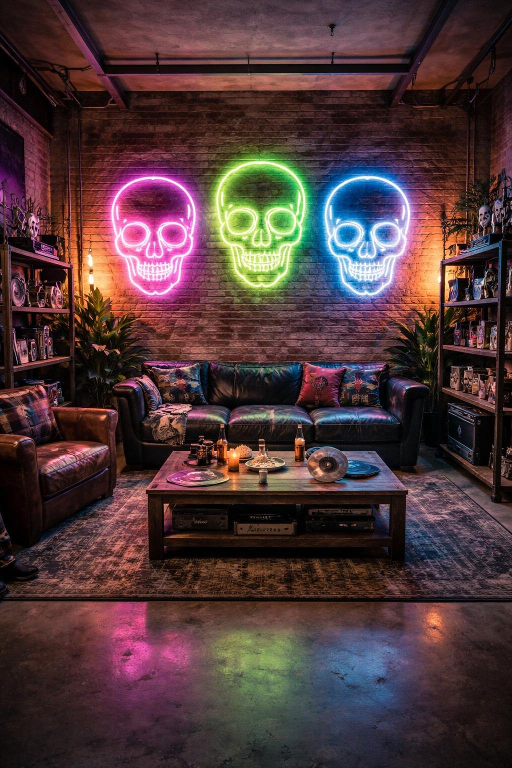 A full view of a living room with neon skull lights on the wall, exposed brick, leather furniture, and various decorative elements creating a vibrant and edgy atmosphere.