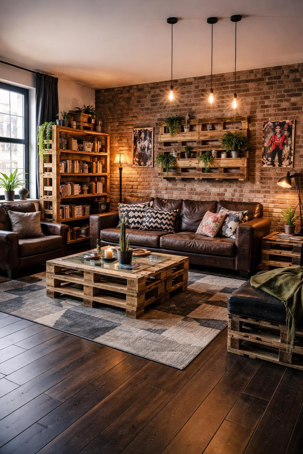 A wide view of an apartment living room with furniture and decor made from wooden pallets, exposed brick walls, leather seating, and industrial lighting.