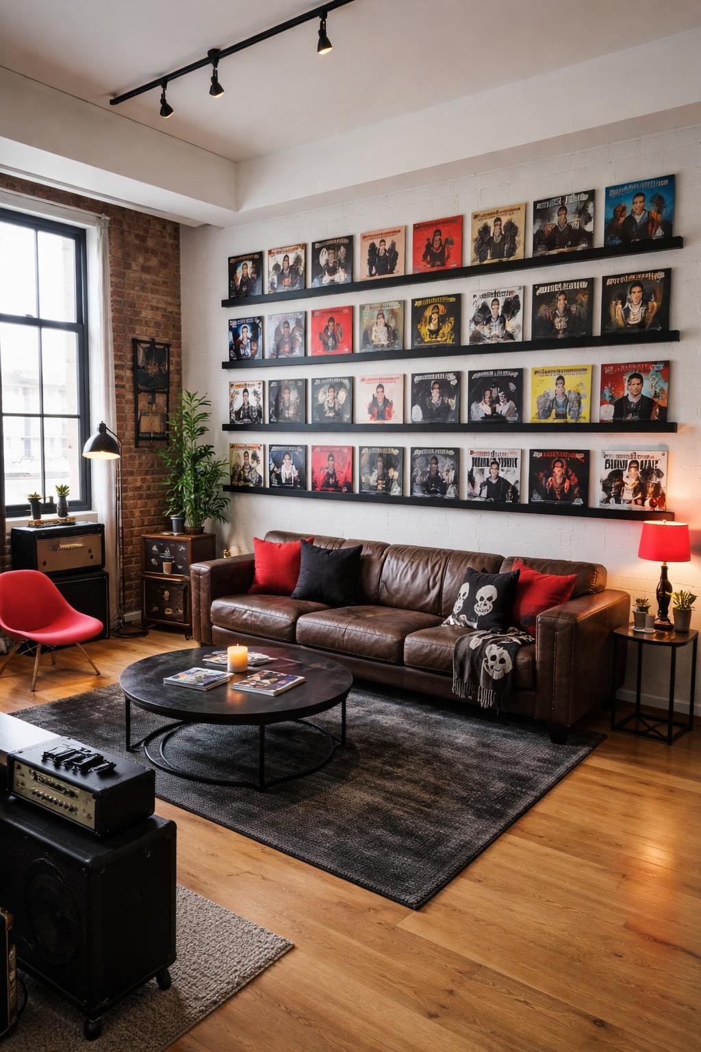 A wide view of a living room with vinyl record displays featuring punk bands, modern furniture, and exposed brick walls.
