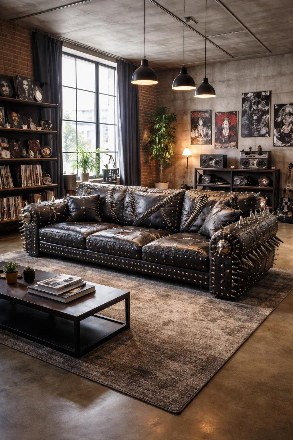 A spacious living room with a dark leather studded sofa at the center, surrounded by exposed brick walls, metal shelves, and modern lighting, showing a well-arranged and inviting interior space.