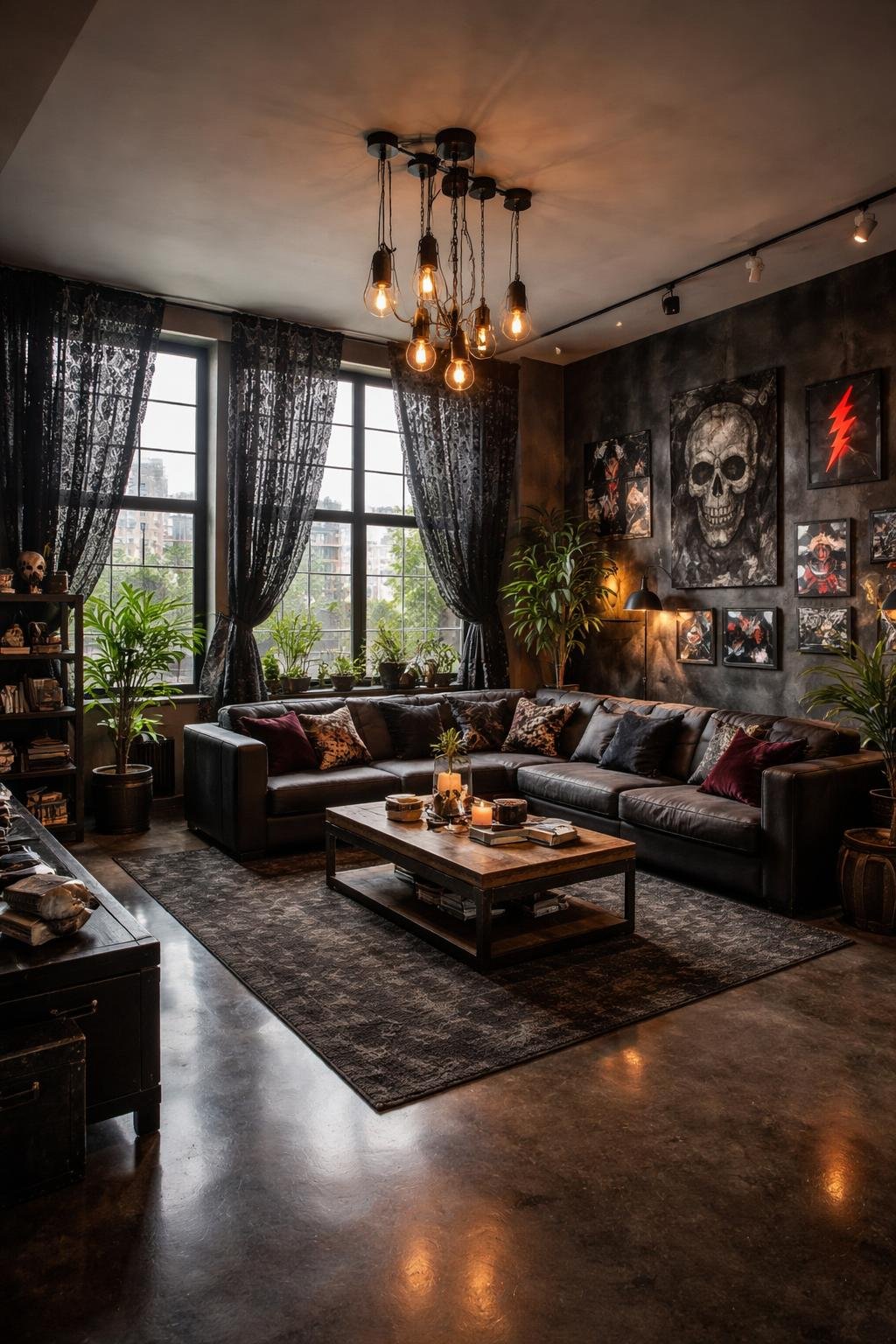 A full view of a living room with large windows covered by black lace curtains, dark furniture, industrial lighting, and decorative plants.