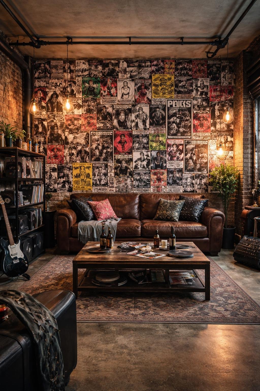 A wide view of a living room with a large collage wall of band posters, a leather sofa, coffee table, bookshelf, guitar, and ambient lighting.