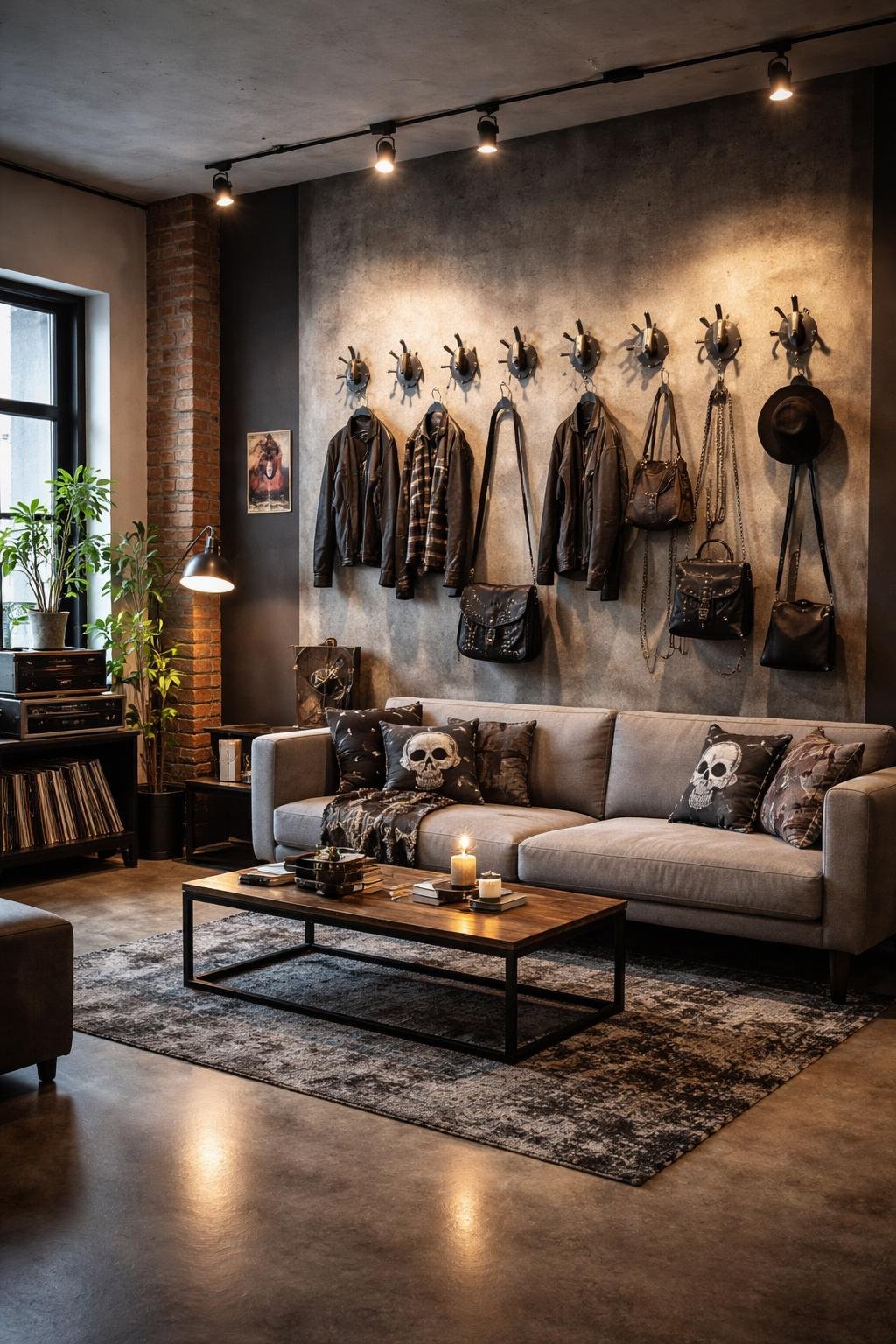 A wide view of an apartment living room with a wall featuring spiked hooks for hanging coats and bags, a sofa, coffee table, and various decorative items arranged throughout the space.