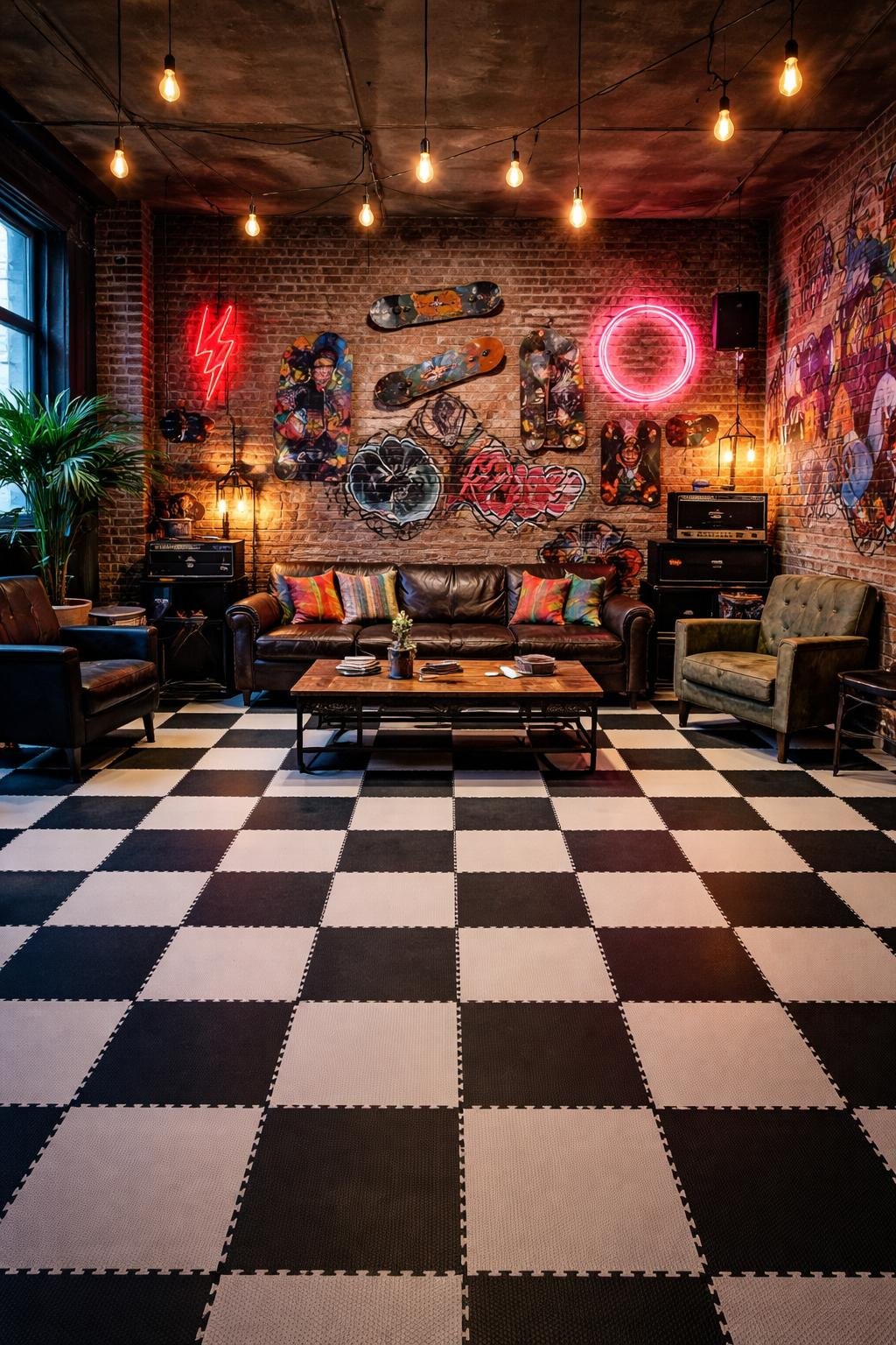 A wide view of a living room with checkerboard rubber floor mats, exposed brick walls, a leather sofa, industrial furniture, and skateboards displayed on the walls.