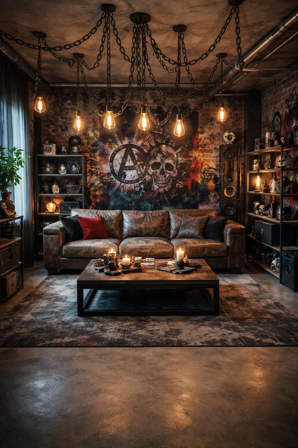 A full view of an apartment living room with chains hanging around lamps, a leather sofa, wooden coffee table, metal shelves, and exposed brick walls.