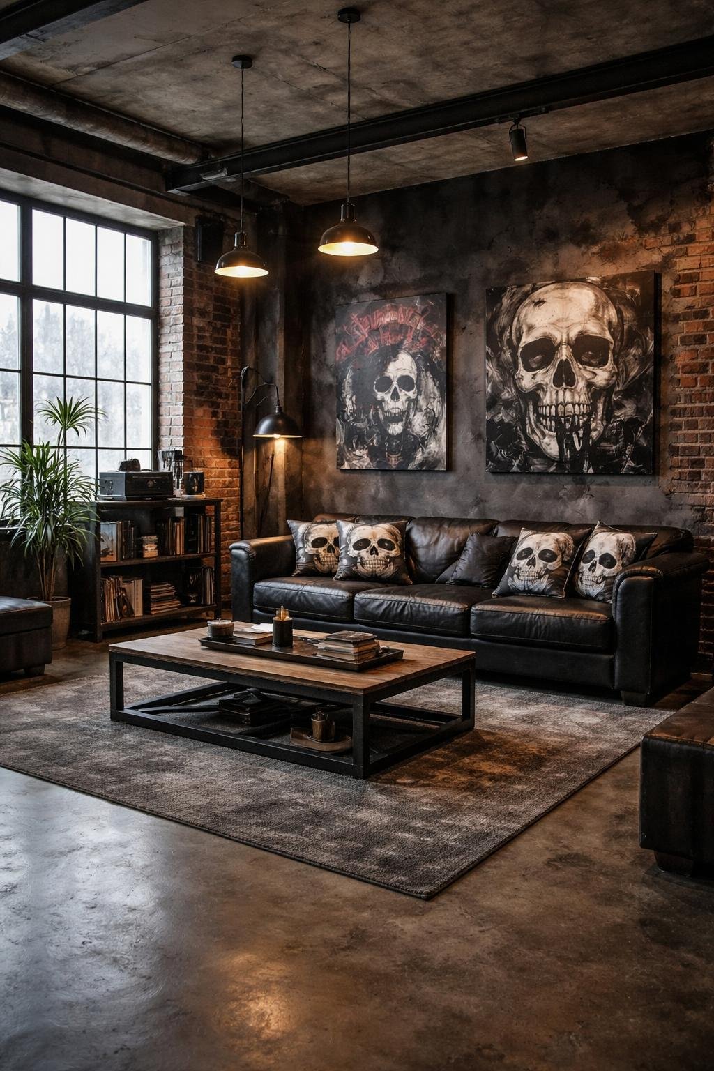 Wide view of a living room with a black leather sofa featuring skull-shaped throw pillows, exposed brick walls, industrial lighting, and modern furniture.