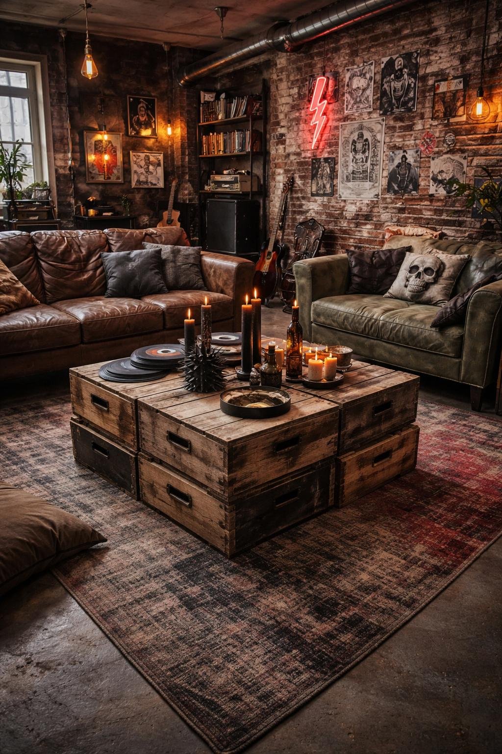 A wide view of a living room with a wooden crate coffee table in the center, surrounded by a sofa, rug, and various furniture and decorations.